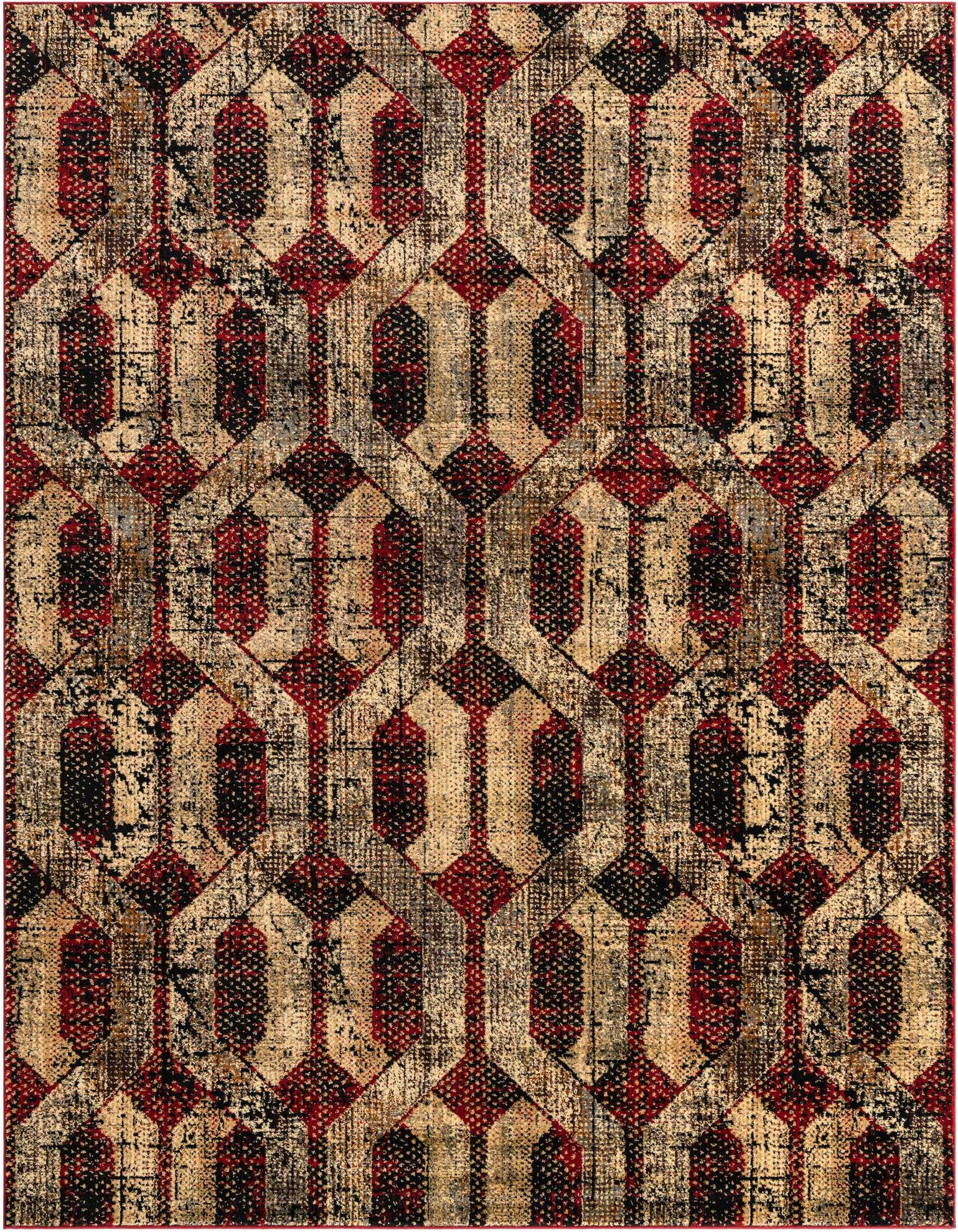 An 8x10 rectangular Saturn collection rug featuring a distressed modern trellis pattern in shades of red, black, and beige.