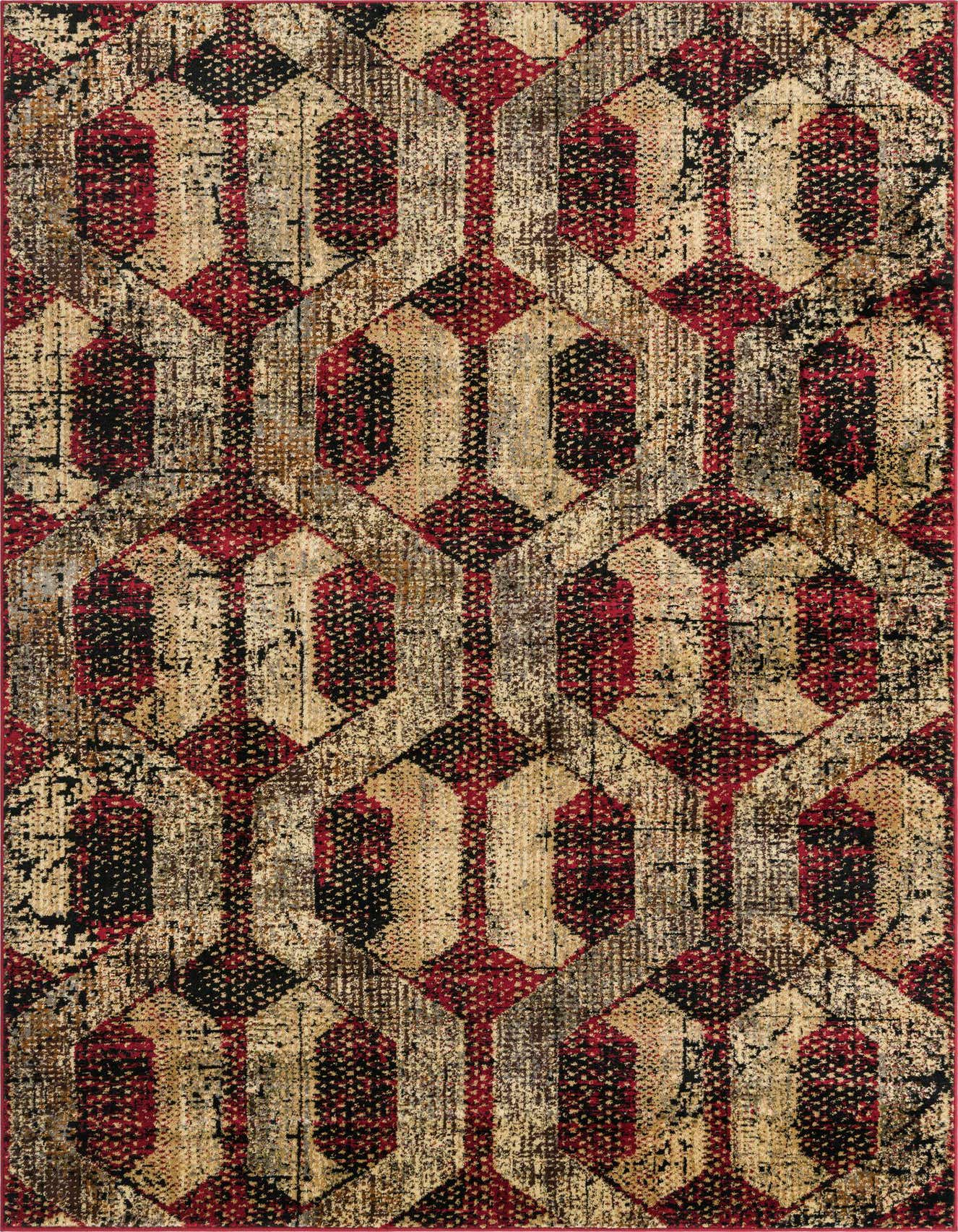 A 6x9 rectangular Rugs.com Saturn rug featuring a distressed modern trellis pattern in shades of red, black, and beige.