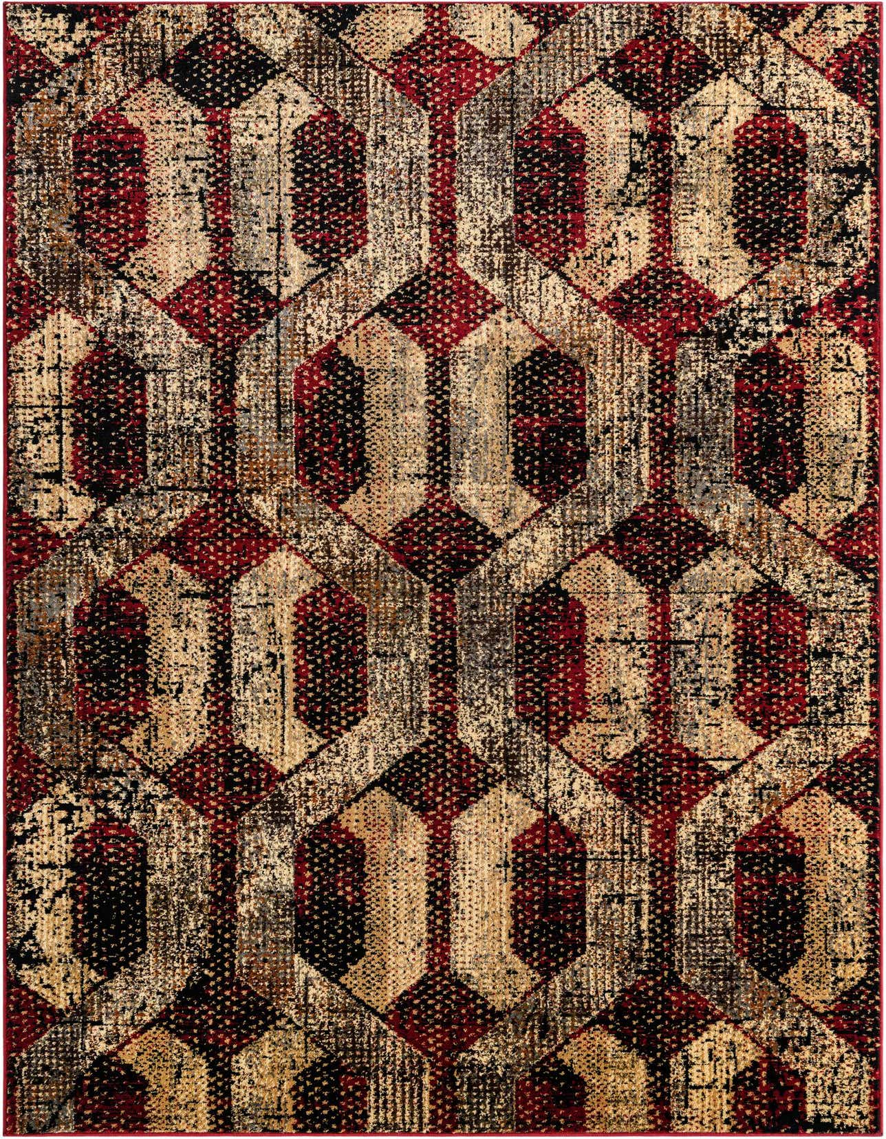 A 5x8 rectangular Rugs.com Saturn rug featuring a distressed modern trellis pattern in shades of red, black, and beige.