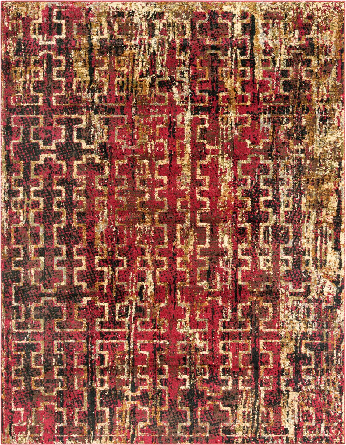 A 6x9 rectangular Rugs.com Saturn rug featuring an abstract, distressed pattern in various shades of red, black, and gold.