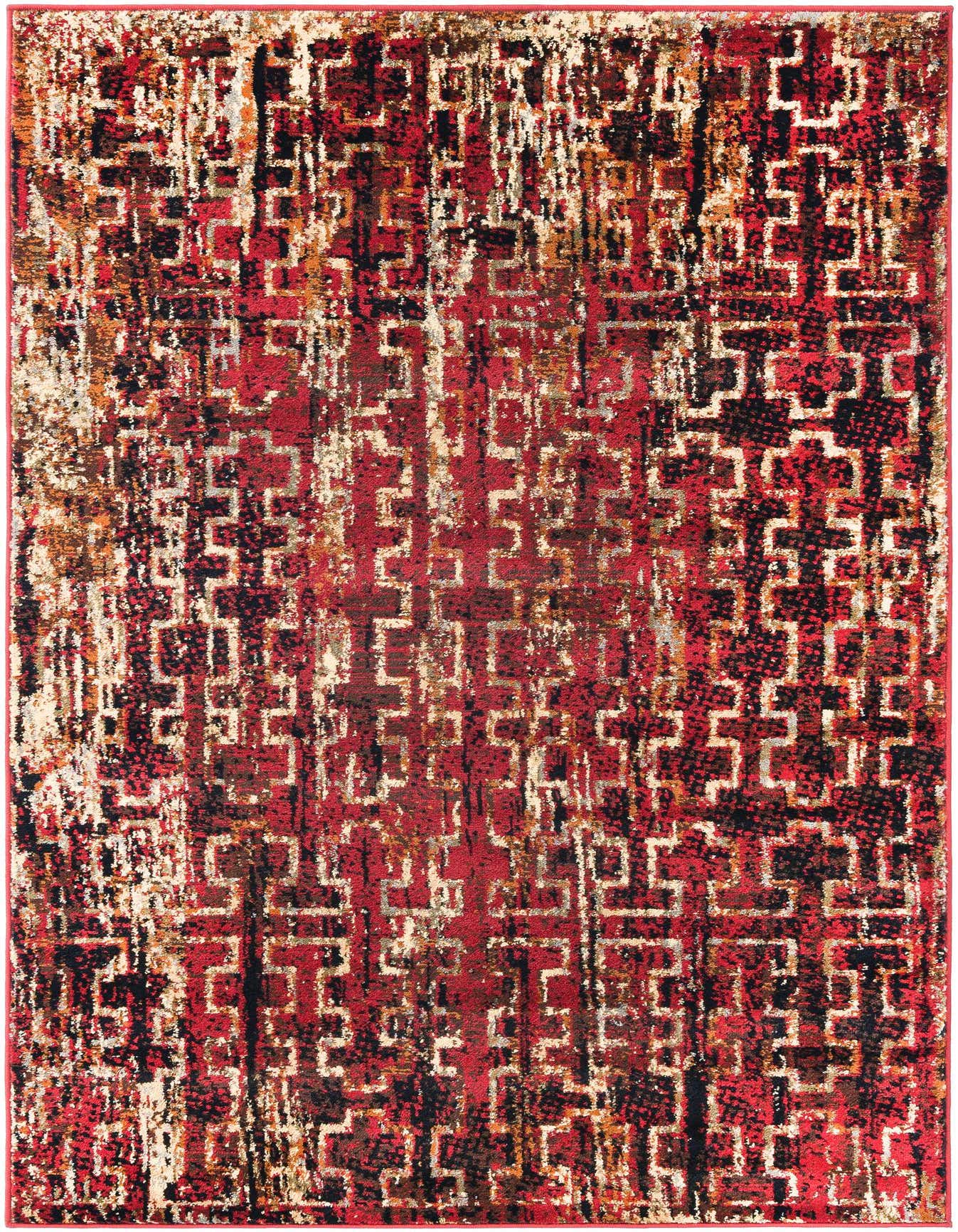A 4x6 rectangular Rugs.com Saturn rug featuring a distressed modern abstract pattern in shades of red, black, and cream.