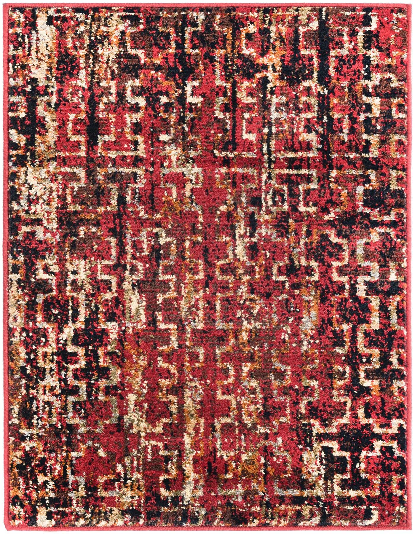 A 2x3 rectangular Rugs.com Saturn rug featuring a distressed modern abstract pattern in shades of red, black, brown, and cream.