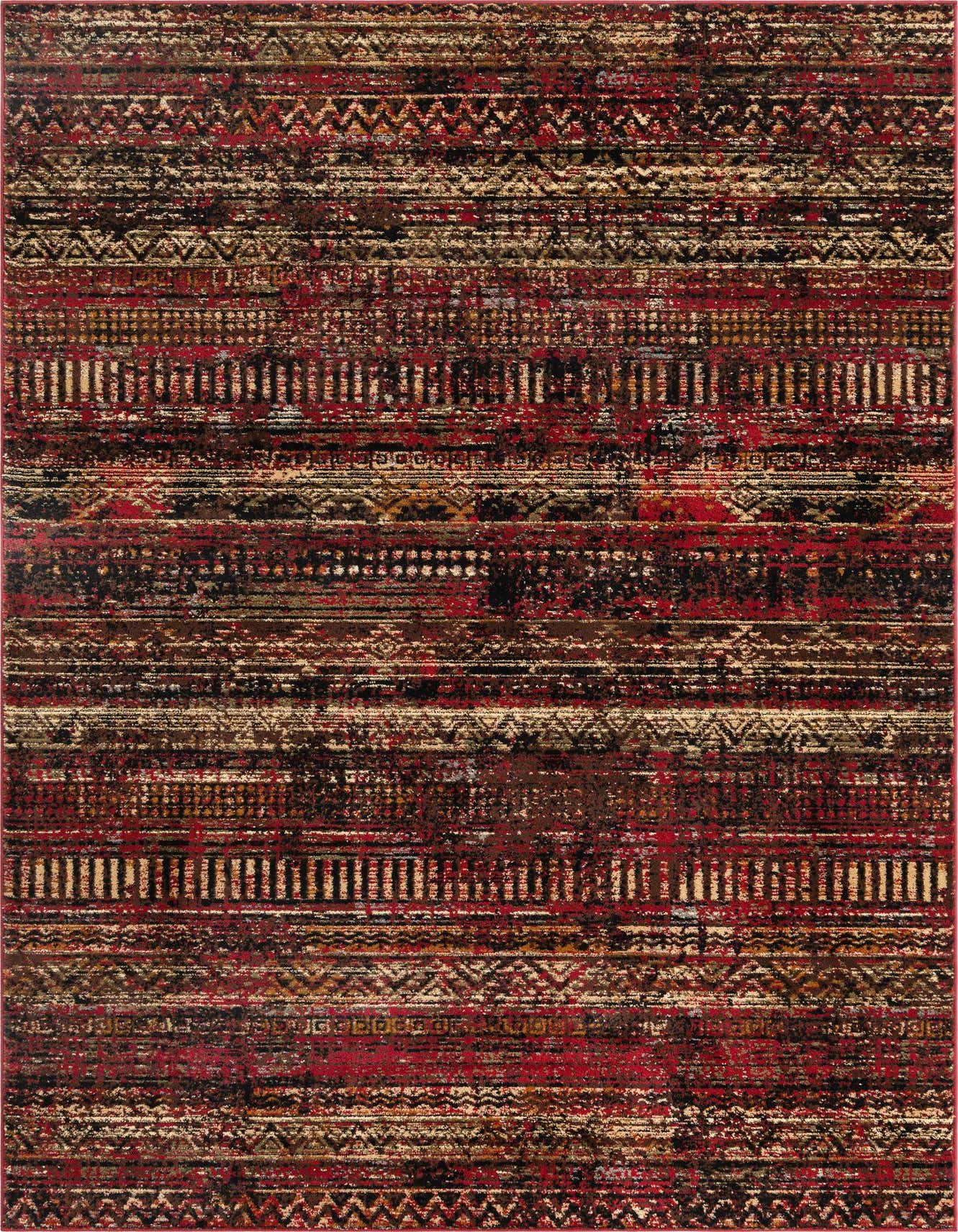 A 6x9 rectangular Rugs.com Saturn rug featuring a distressed tribal stripe pattern in various shades of red, black, and beige.