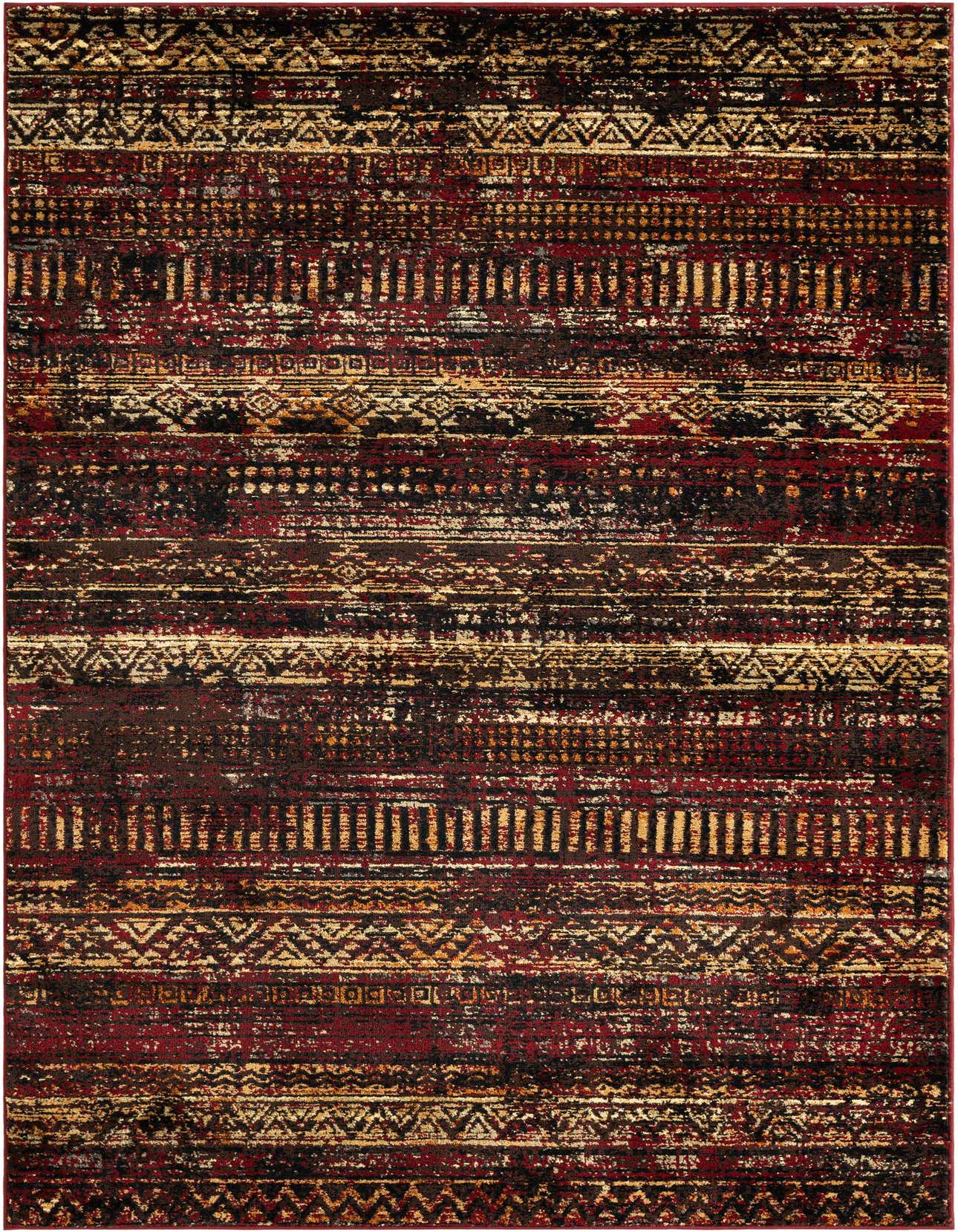A 5x8 rectangular indoor rug featuring a distressed tribal stripe pattern in shades of red, black, and gold.
