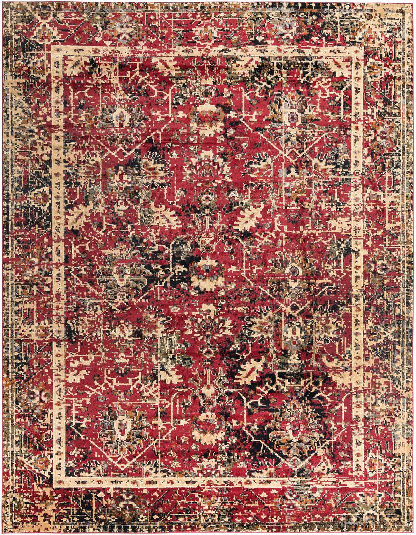 A 10x14 rectangular red area rug with a distressed traditional floral and tribal pattern, featuring accents of black, beige, and cream.