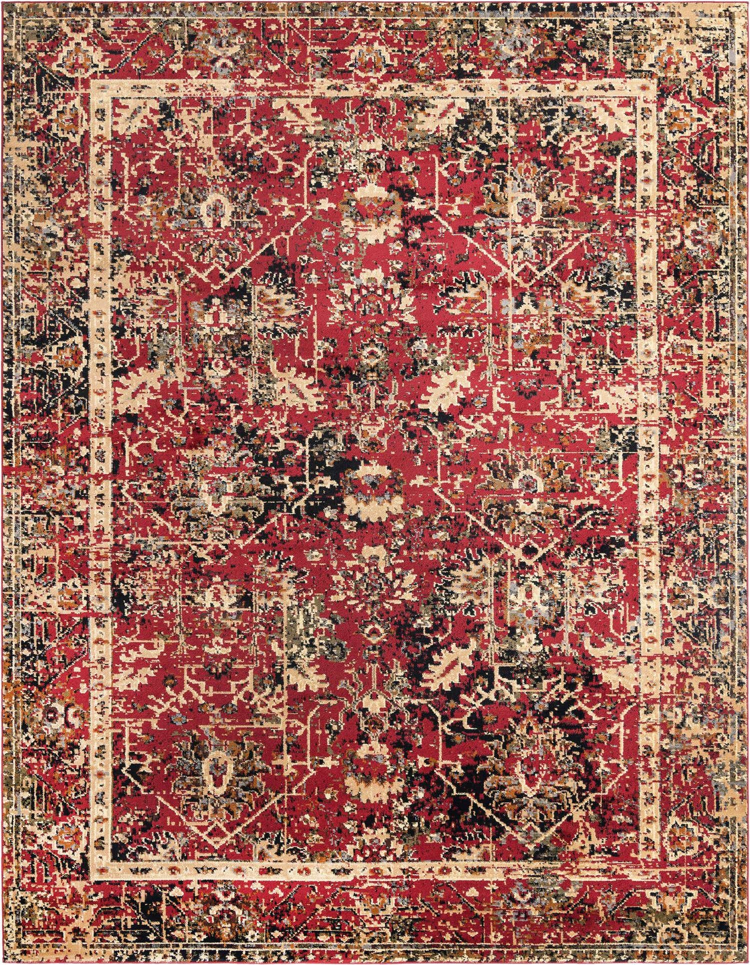 A 9x12 rectangular red area rug with a distressed traditional floral and tribal pattern, featuring black, beige, and gold accents.