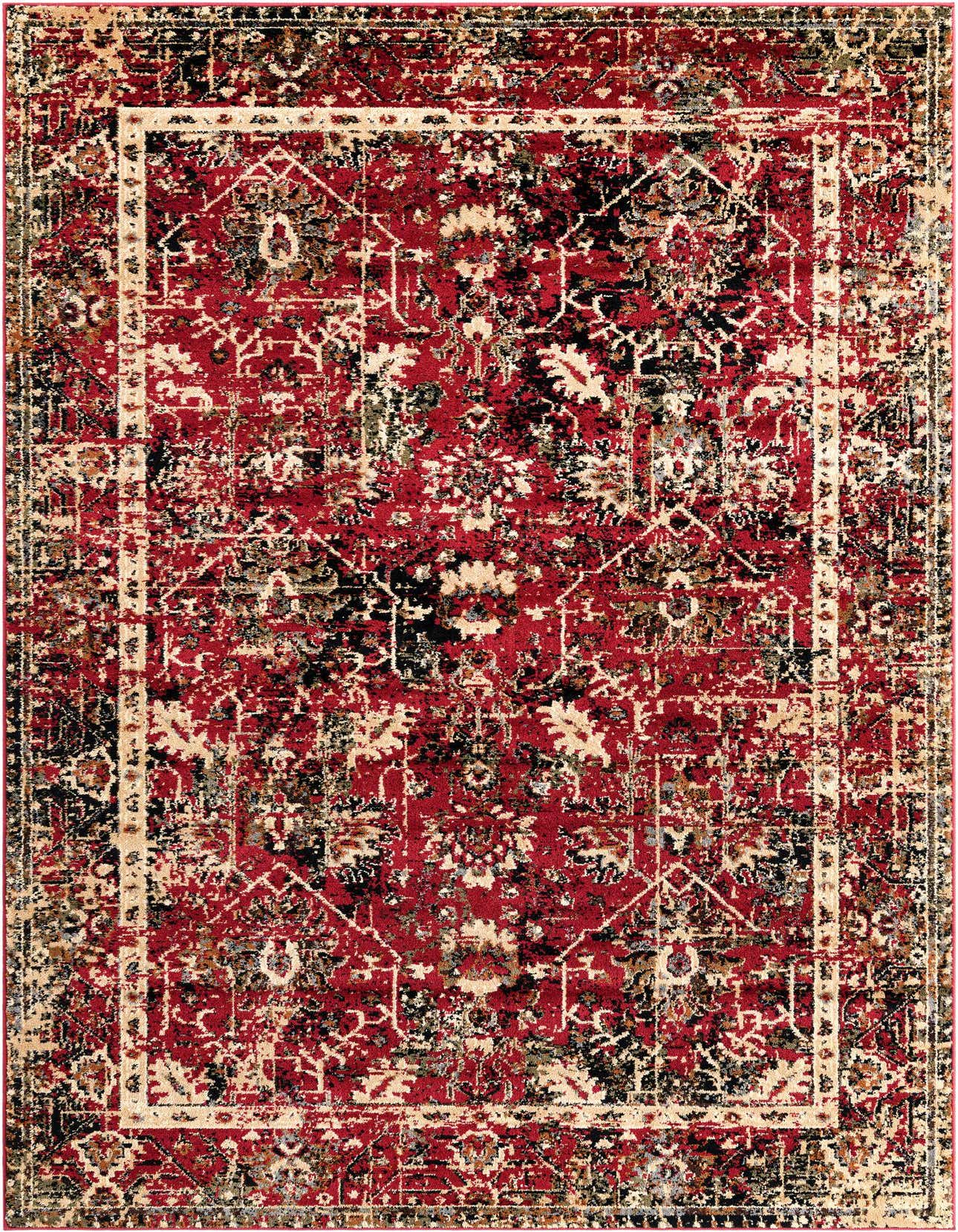 A 5x8 rectangular Rugs.com Saturn rug with a distressed traditional floral and tribal pattern in reds, black, and beige.