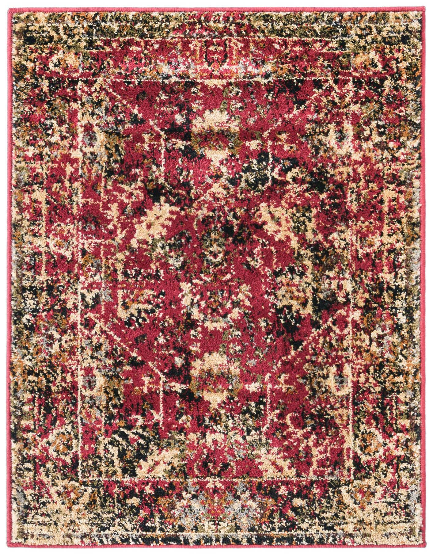 A 2x3 rectangular Rugs.com Saturn rug featuring a distressed traditional floral pattern in shades of red, black, and beige.