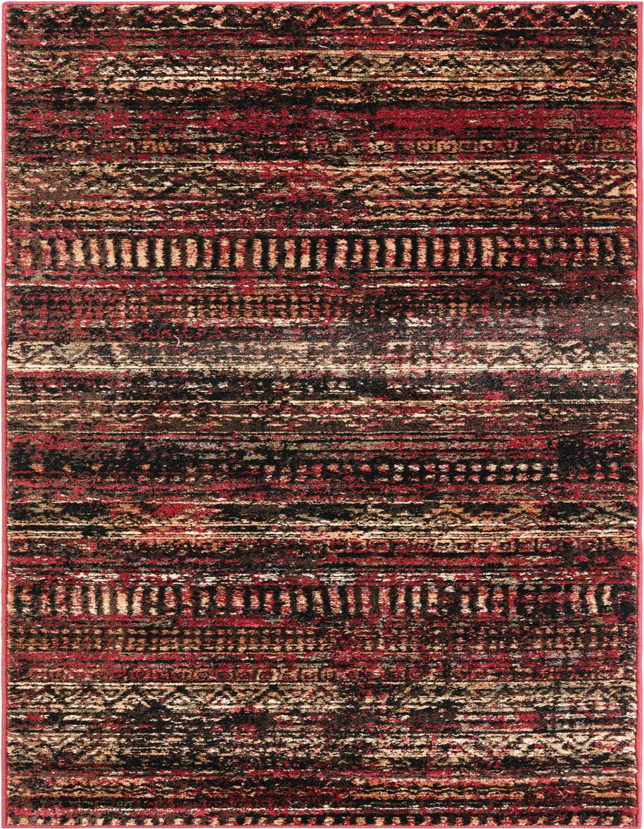A 3x5 rectangular indoor rug featuring a distressed tribal stripe pattern in shades of red, black, and beige.