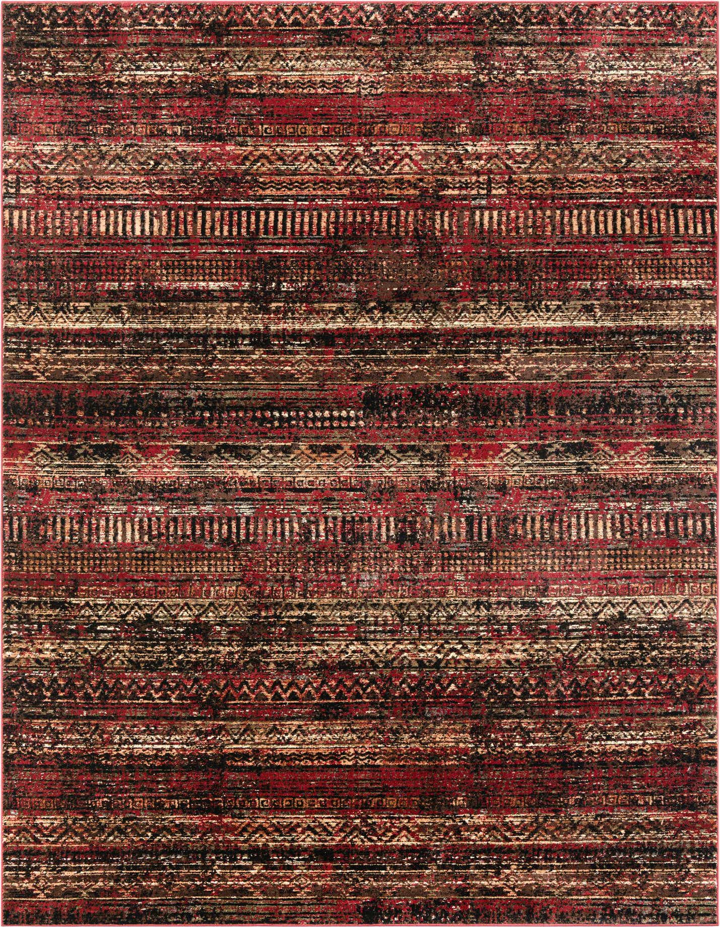 A rectangular 8x11 red area rug with a distressed tribal stripe pattern in shades of red, black, and beige.