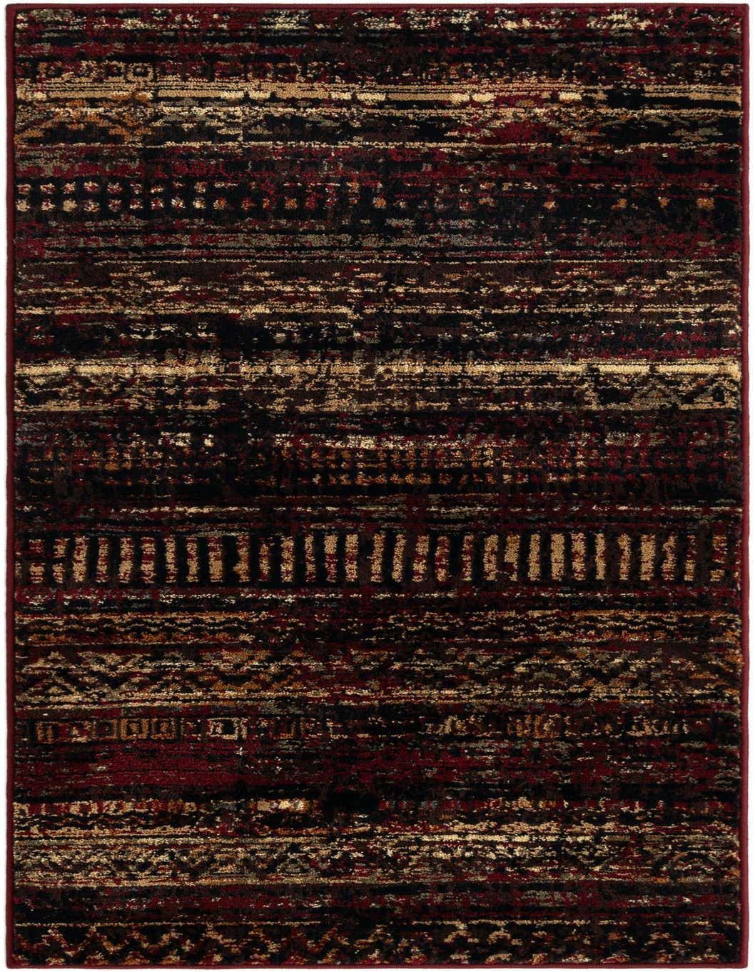 A 3x5 rectangular rug featuring a distressed abstract pattern in shades of red, black, and beige.