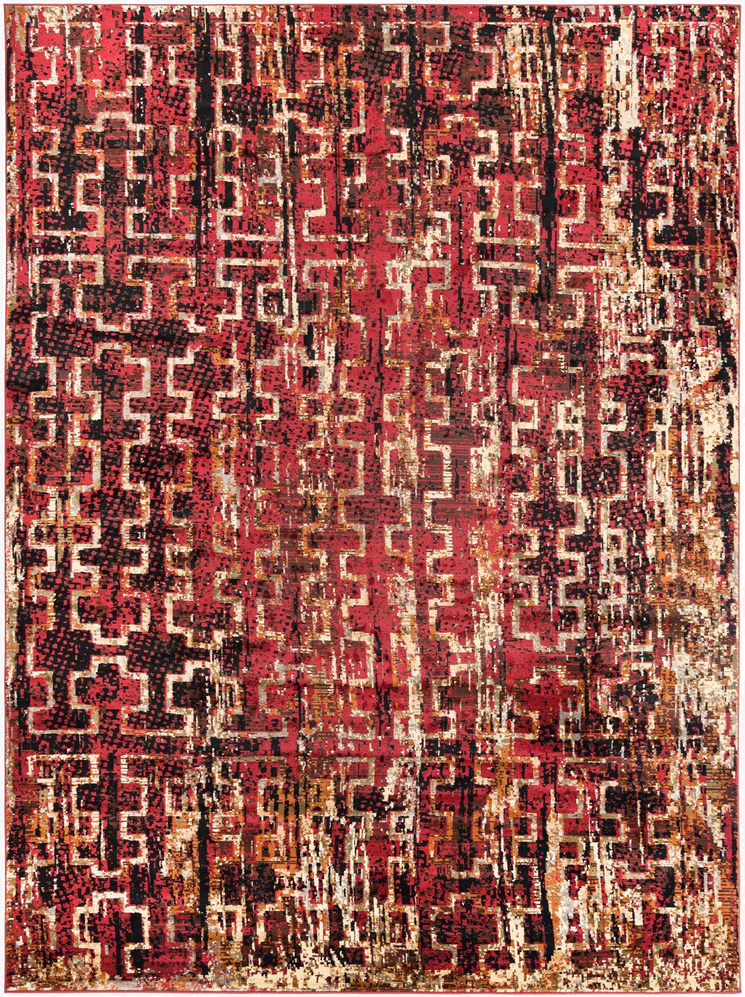 A 9x12 rectangular modern area rug featuring an abstract geometric pattern in reds, black, and cream.