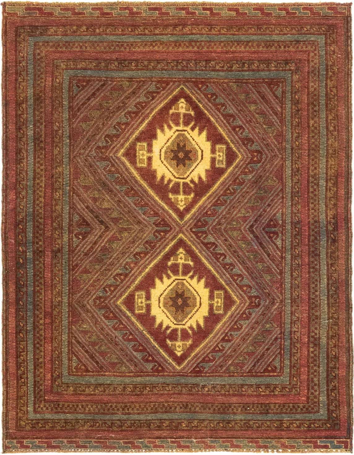 A 3x4 rectangular Sumak wool rug featuring a traditional tribal medallion pattern in various shades of red, gold, and blue.