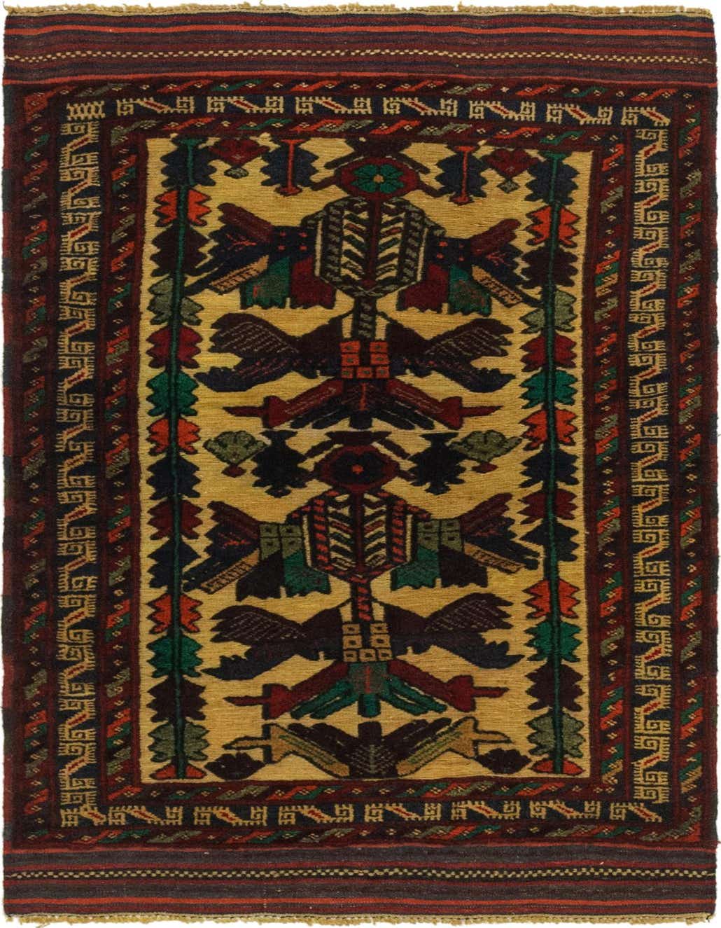 A 3x5 rectangular Sumak rug with a traditional tribal pattern in reds, greens, and blues on a gold background.