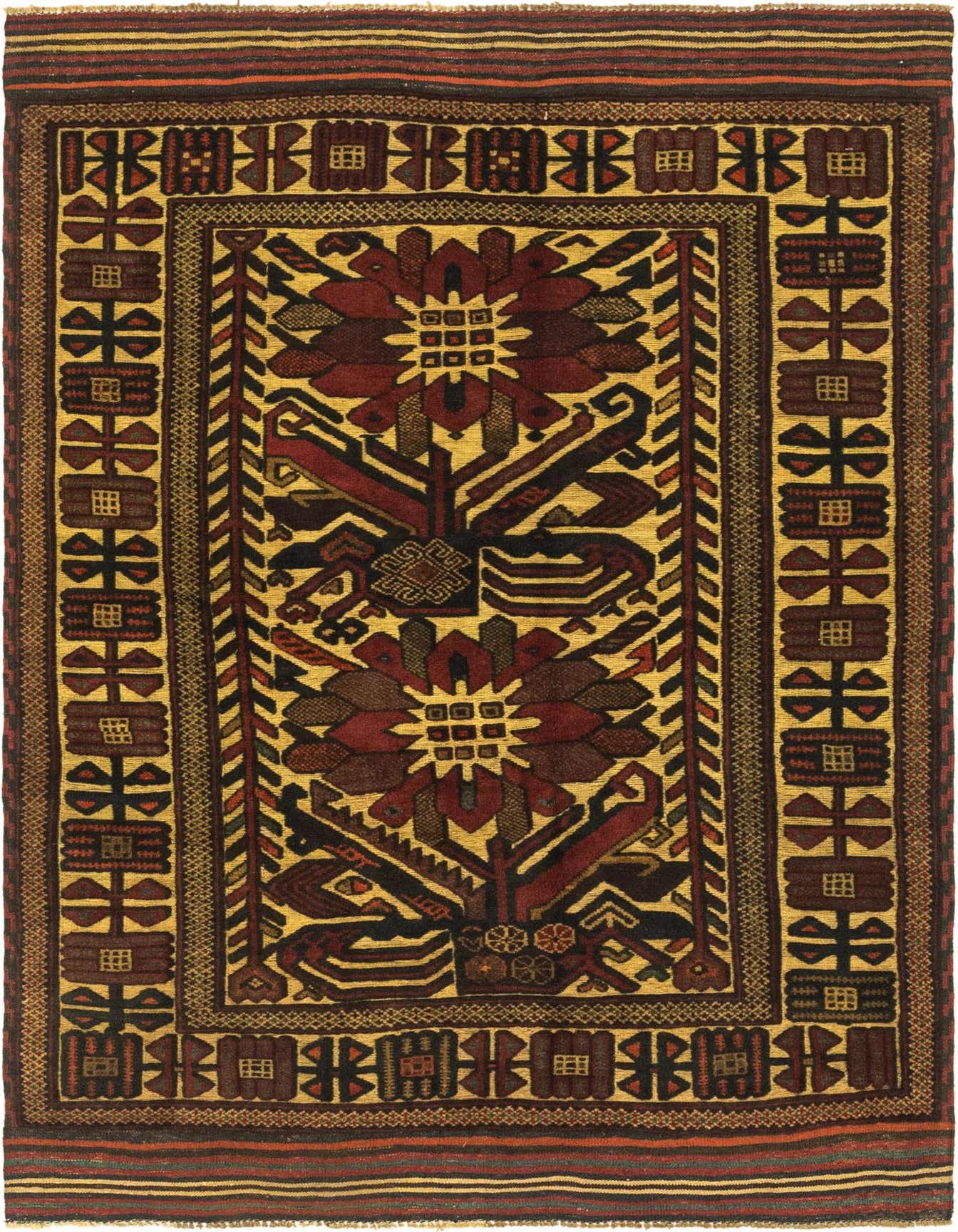 A 4x6 rectangular Sumak rug with a traditional tribal medallion pattern in rich reds and gold, suitable for a living room.