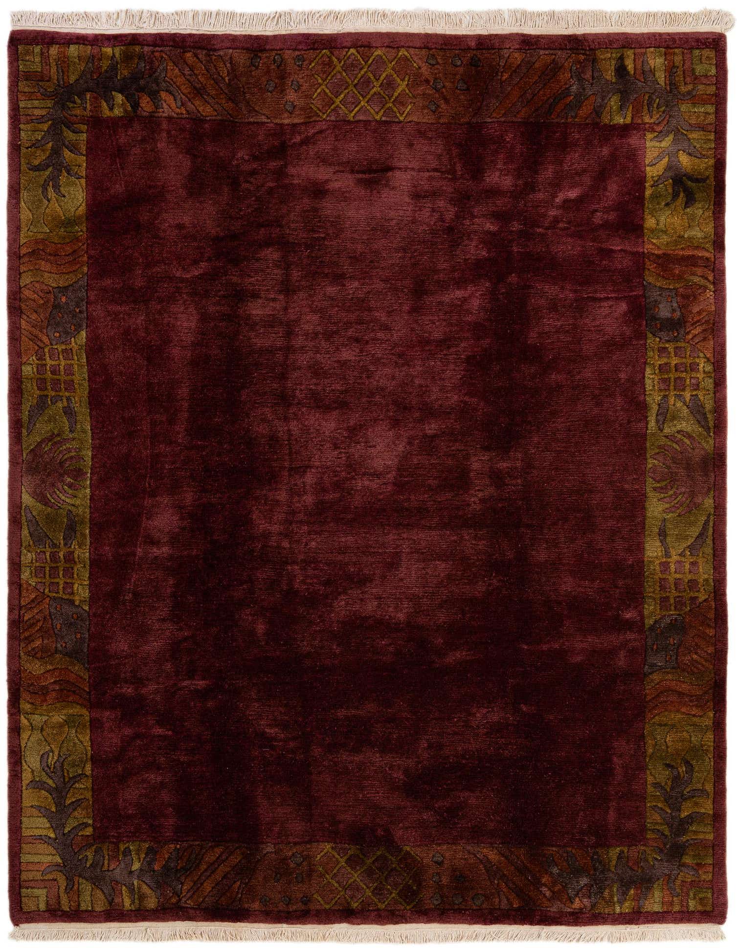 A 6x9 rectangular Tibet Collection wool rug in deep red with an abstract, modern oriental border.