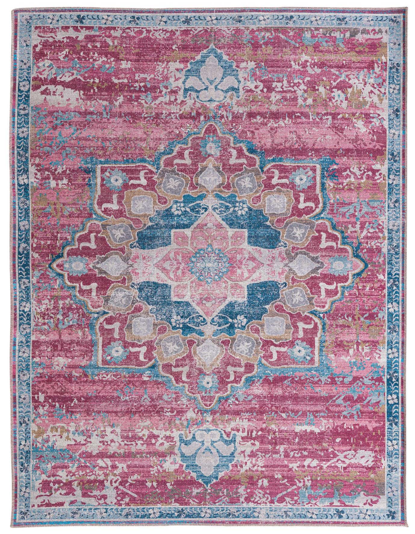 A 5x8 rectangular Timeless Collection rug in shades of red, pink, and blue with a distressed traditional medallion pattern, ideal for a living room.