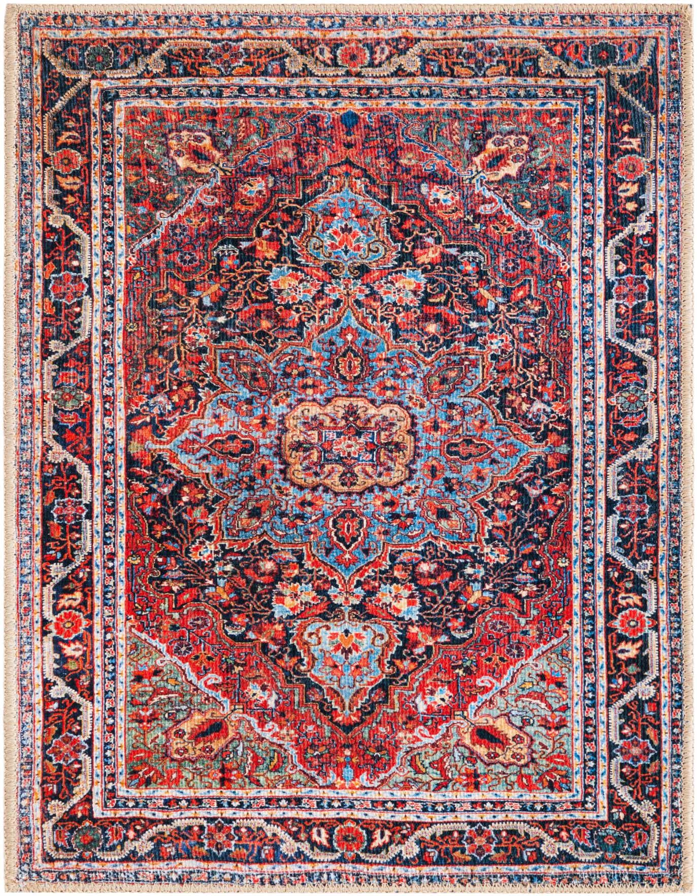 A 2x3 rectangular Rugs.com Timeless rug featuring a vibrant red, blue, and black traditional medallion pattern with a vintage distressed look.