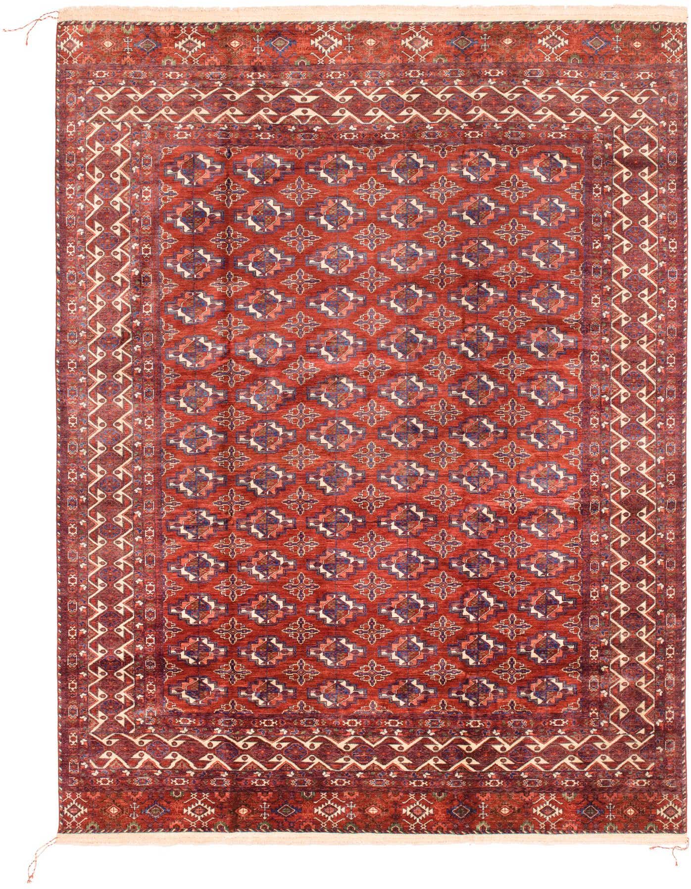 A 10x13 rectangular Torkaman wool rug featuring a traditional Southwestern tribal pattern in various shades of red, blue, and cream.