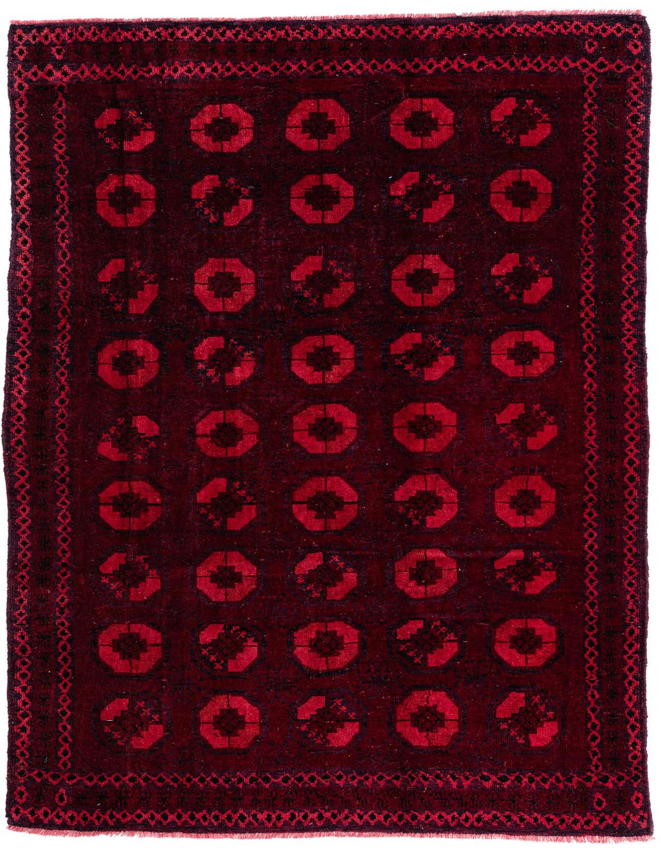 A 6x9 rectangular Ultra Vintage rug in deep reds, featuring a grid of octagonal medallions with intricate floral patterns, and a decorative border.
