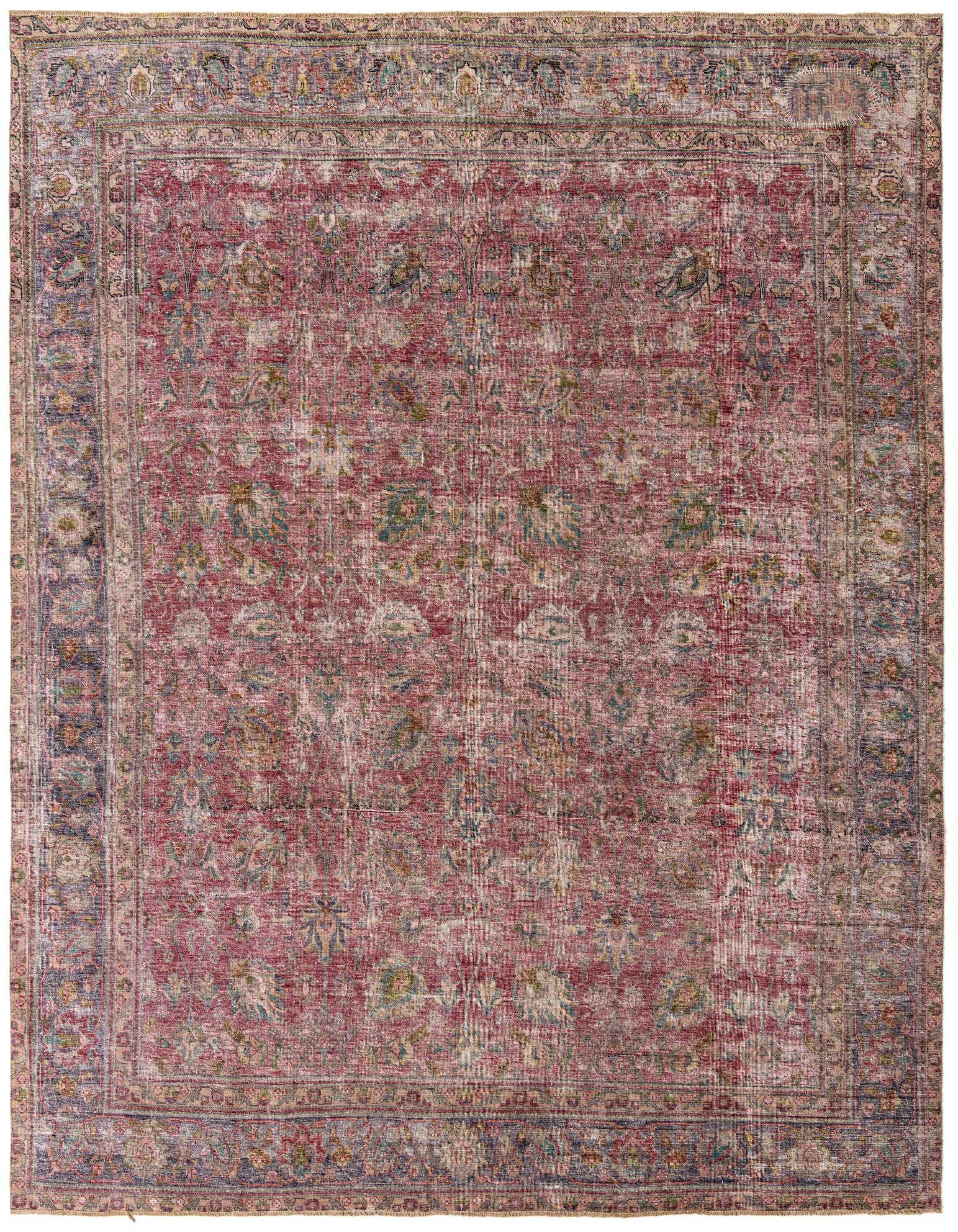 A 9x12 rectangular red Persian rug with a faded floral pattern and a detailed blue and beige border, suitable for a living room.