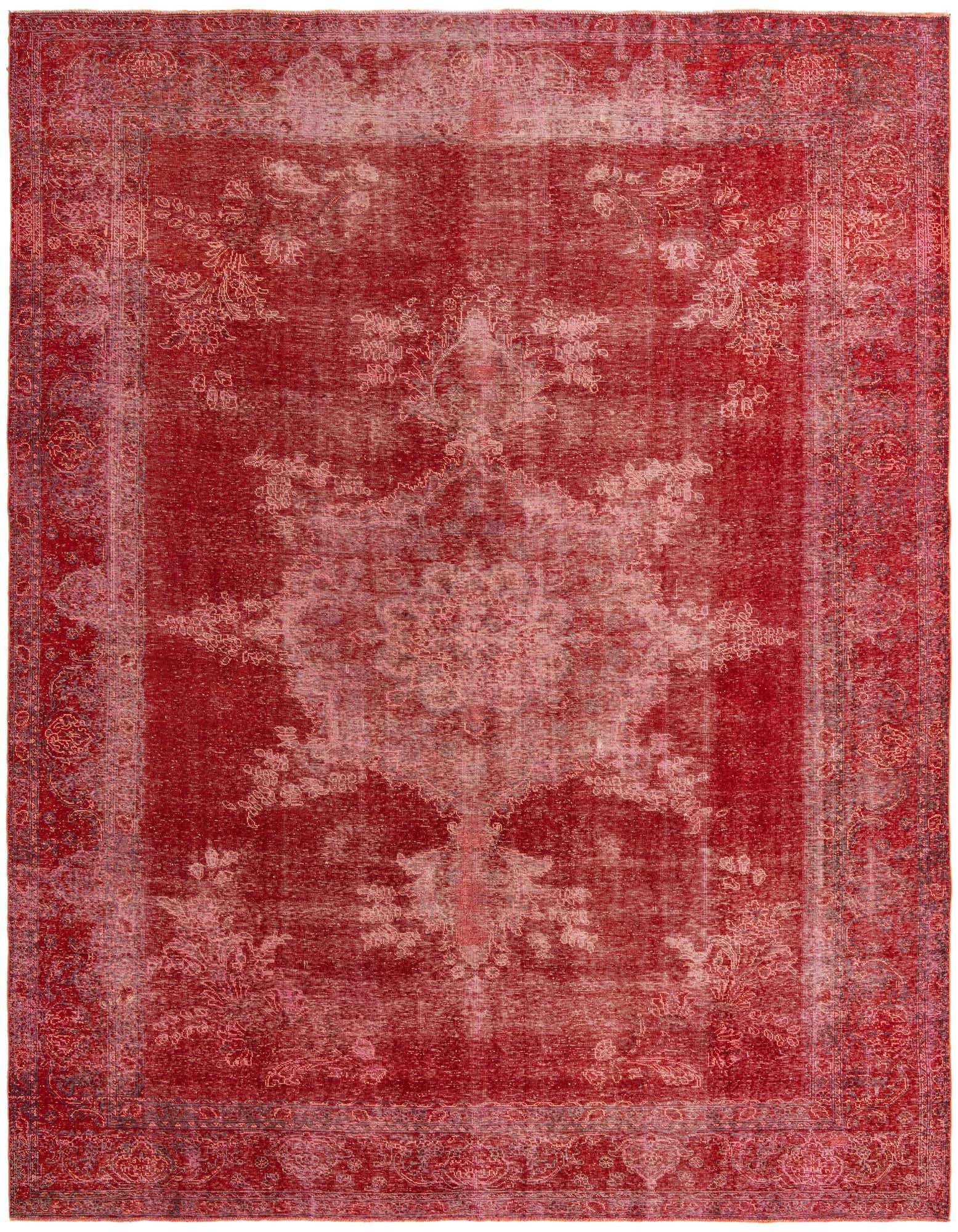 A 9x12 rectangular Ultra Vintage rug in distressed red with a faded Persian floral pattern and border.