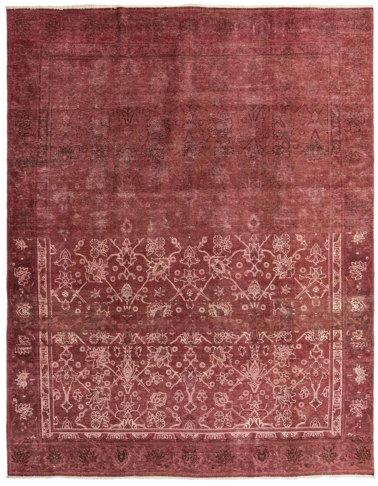 A 9x12 rectangular Ultra Vintage red wool rug with a faded Persian-inspired floral and abstract pattern.