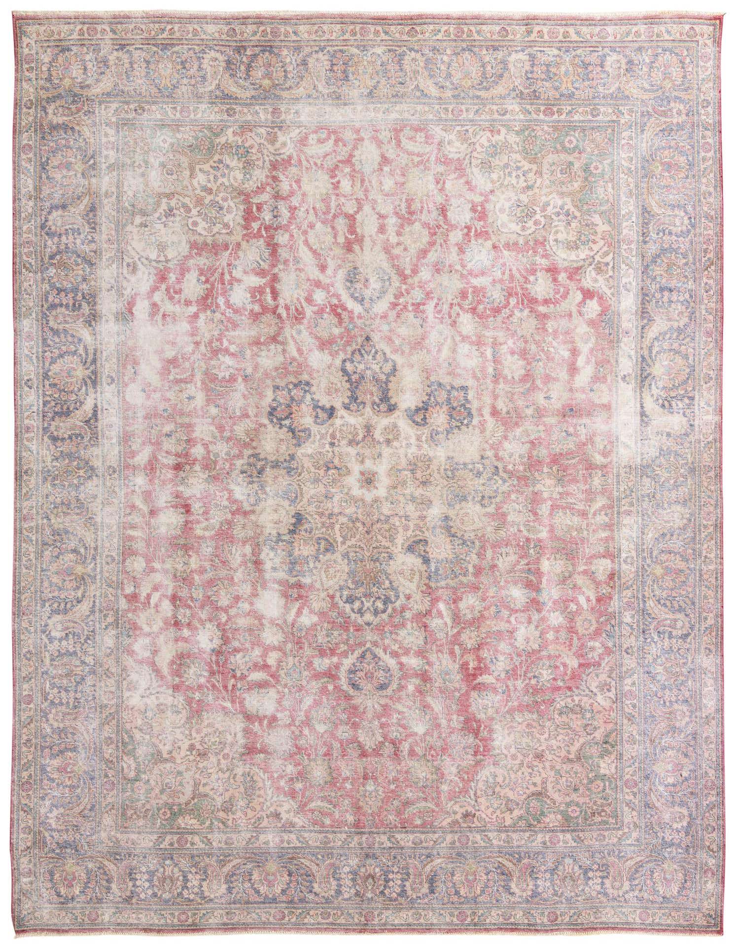 A large 10x13 rectangular red and blue Persian-style rug with an intricate floral medallion pattern and distressed finish, ideal for a living room.