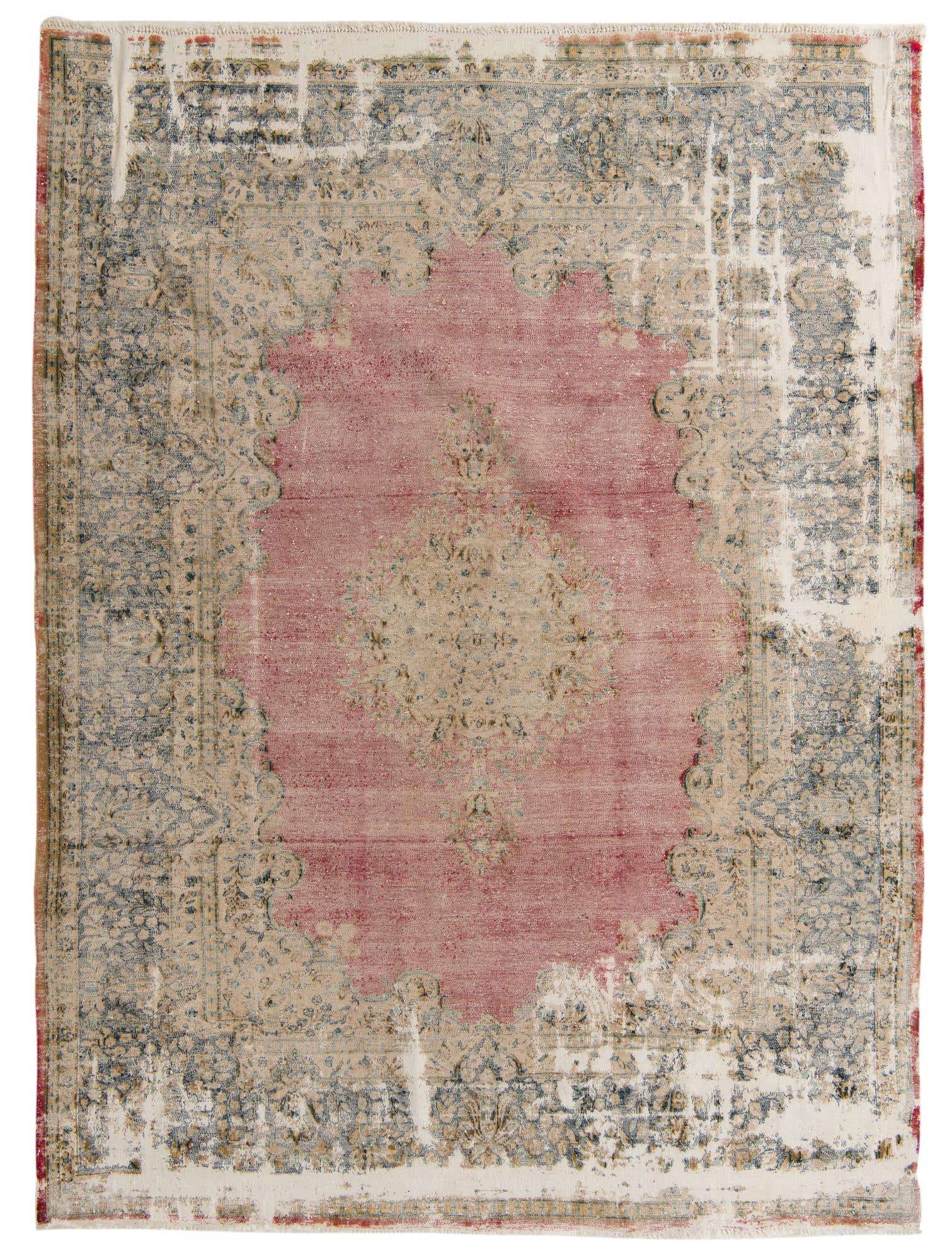 7x10 rectangular Ultra Vintage rug featuring a faded red medallion center with distressed cream and blue Persian patterns, ideal for a living room.