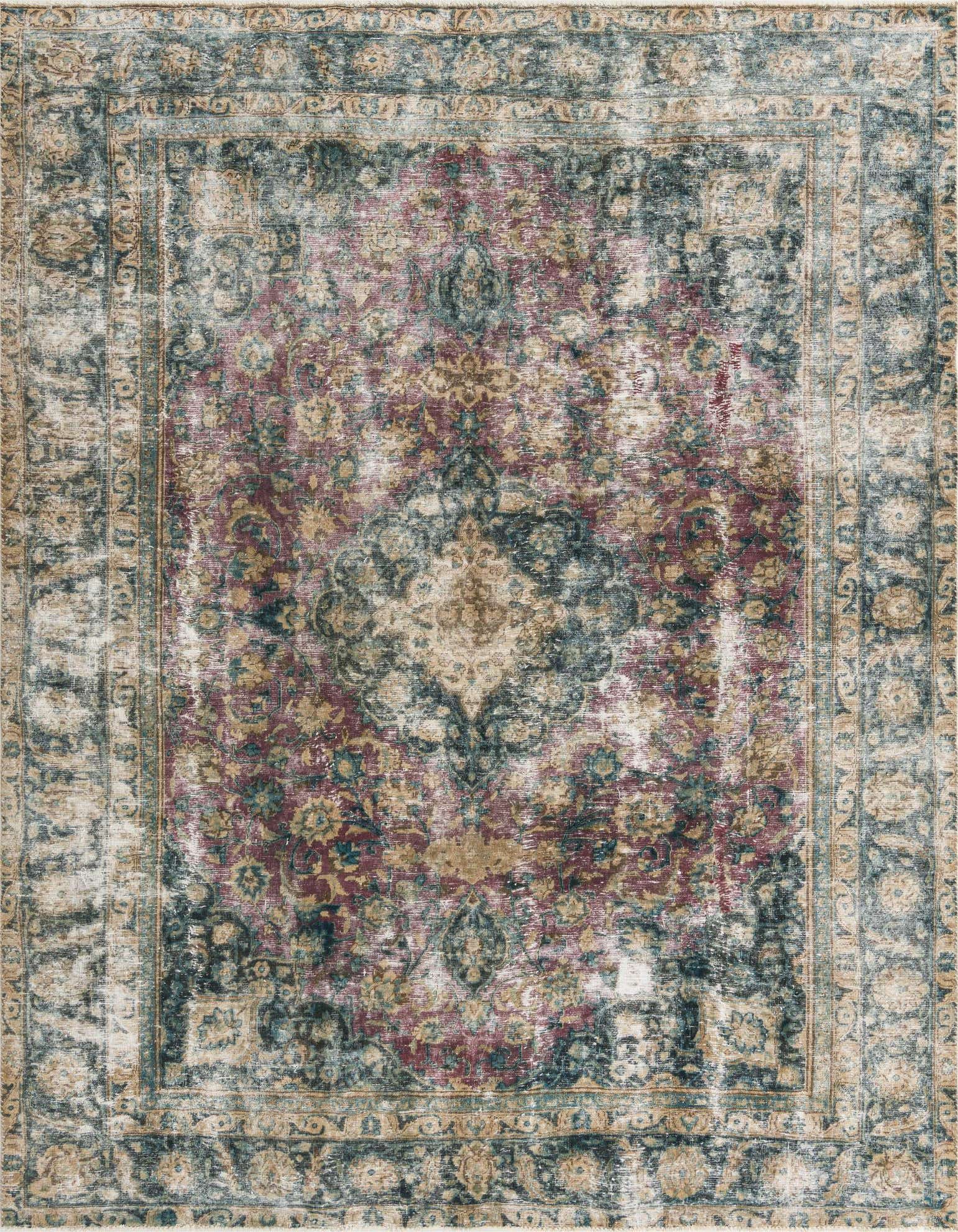 An 8x11 rectangular Ultra Vintage wool rug featuring a distressed Persian medallion pattern in shades of red, teal, and beige.