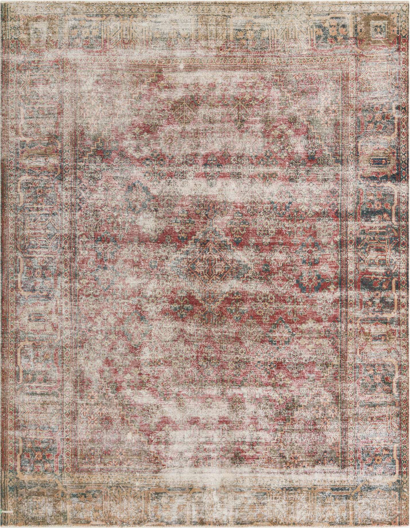 A 7x10 rectangular Ultra Vintage rug featuring a distressed Persian medallion pattern in shades of red, cream, and blue.