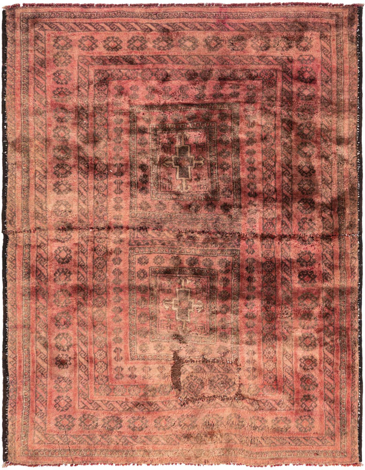A 3x5 rectangular red Persian rug with a faded traditional pattern and dark brown accents, suitable for an entryway.