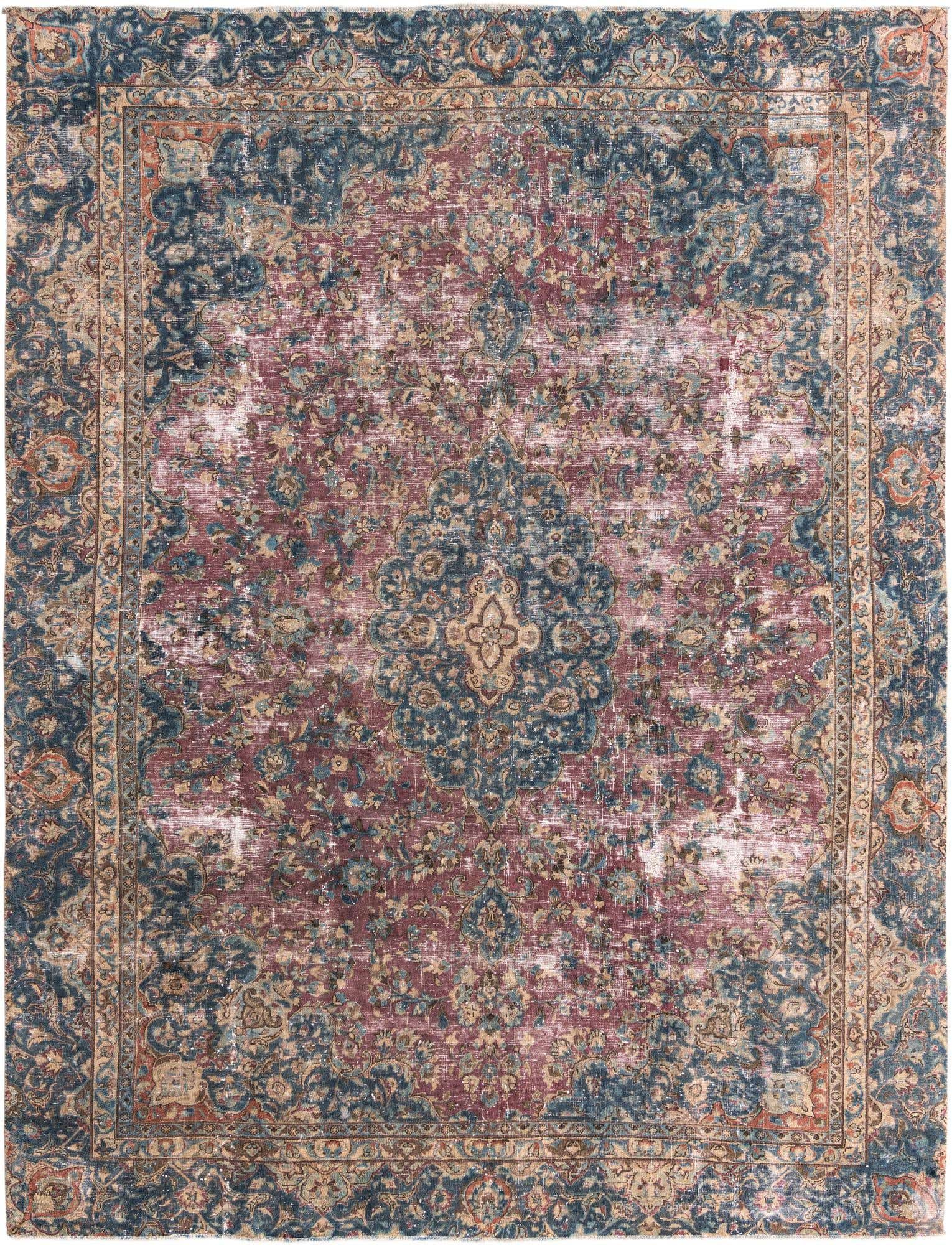 A 9x12 rectangular Ultra Vintage rug featuring a faded Persian medallion pattern in reds, blues, and beige.