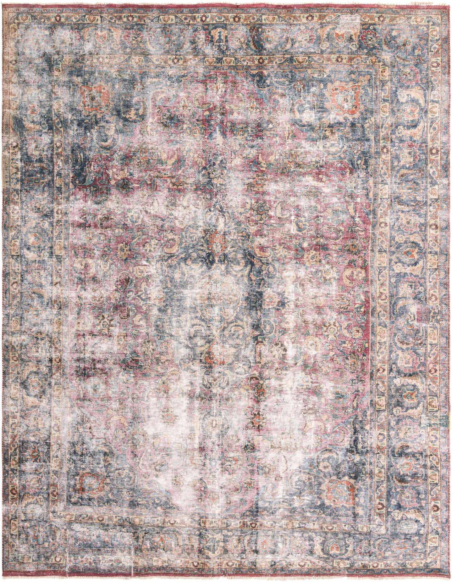 A 9x12 rectangular Ultra Vintage rug with a distressed Persian medallion pattern in reds, blues, and creams.