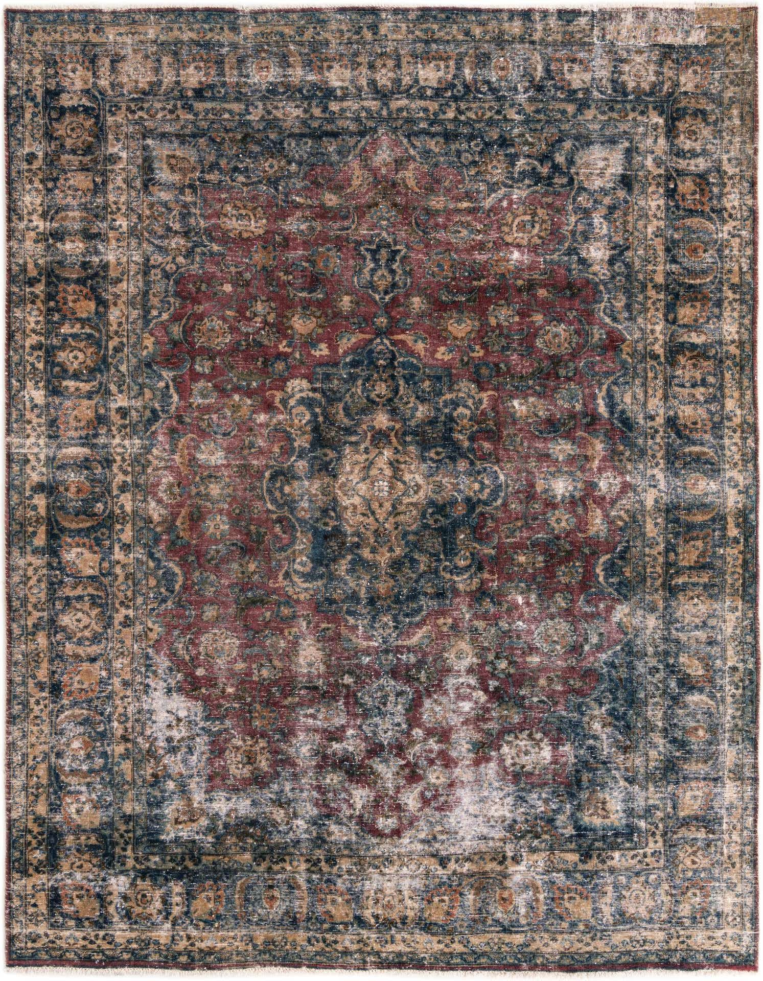 An 8x11 rectangular Ultra Vintage wool rug featuring a distressed Persian medallion pattern in deep reds, blues, and beige.