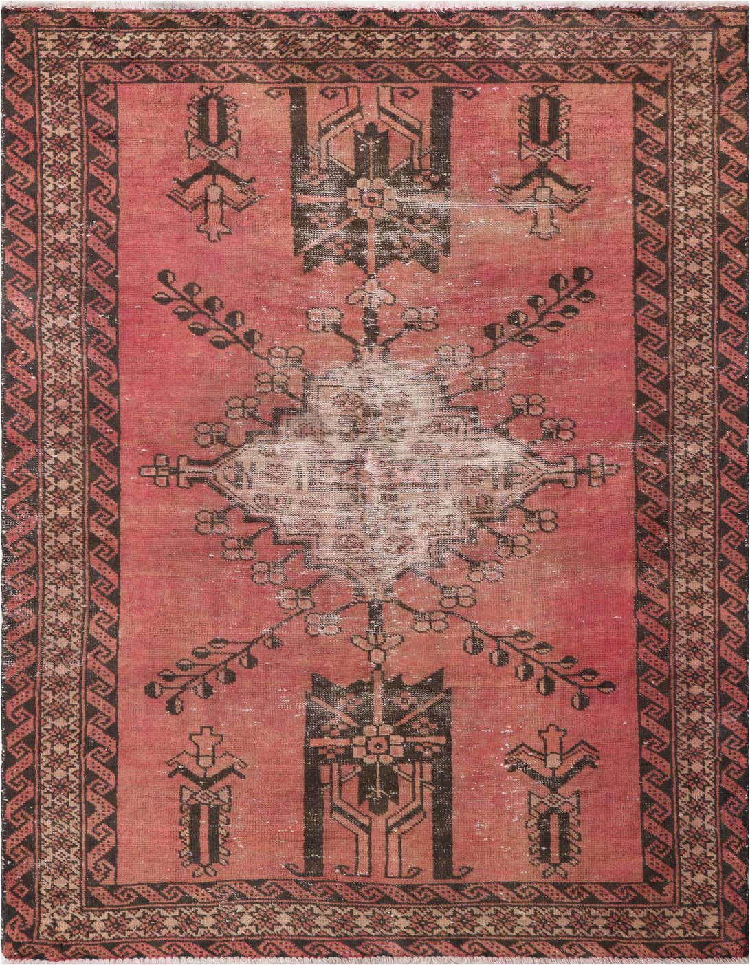A 4x6 rectangular red Persian rug with a faded black and white medallion pattern and intricate border.