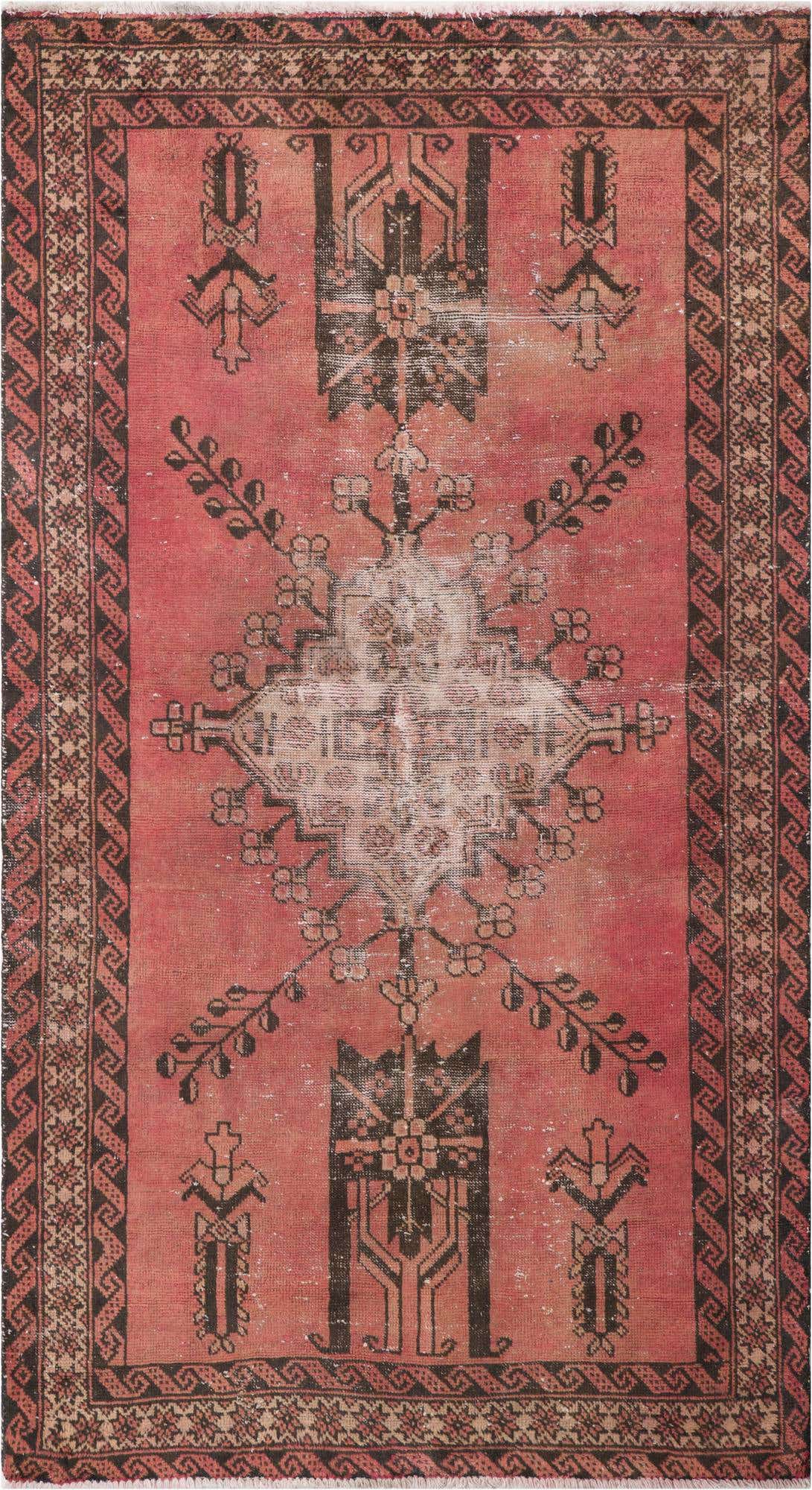 A 4x6 rectangular red Persian rug with a faded black and white medallion pattern and intricate border.