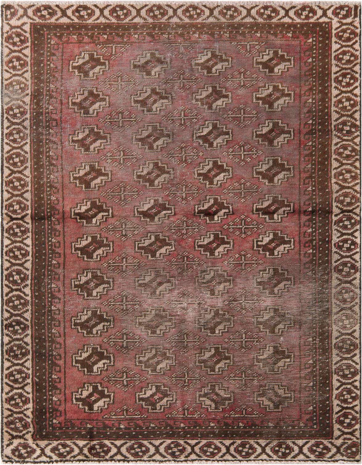 A 4x6 rectangular Ultra Vintage rug featuring a faded red field with repeating geometric patterns and a dark brown border.