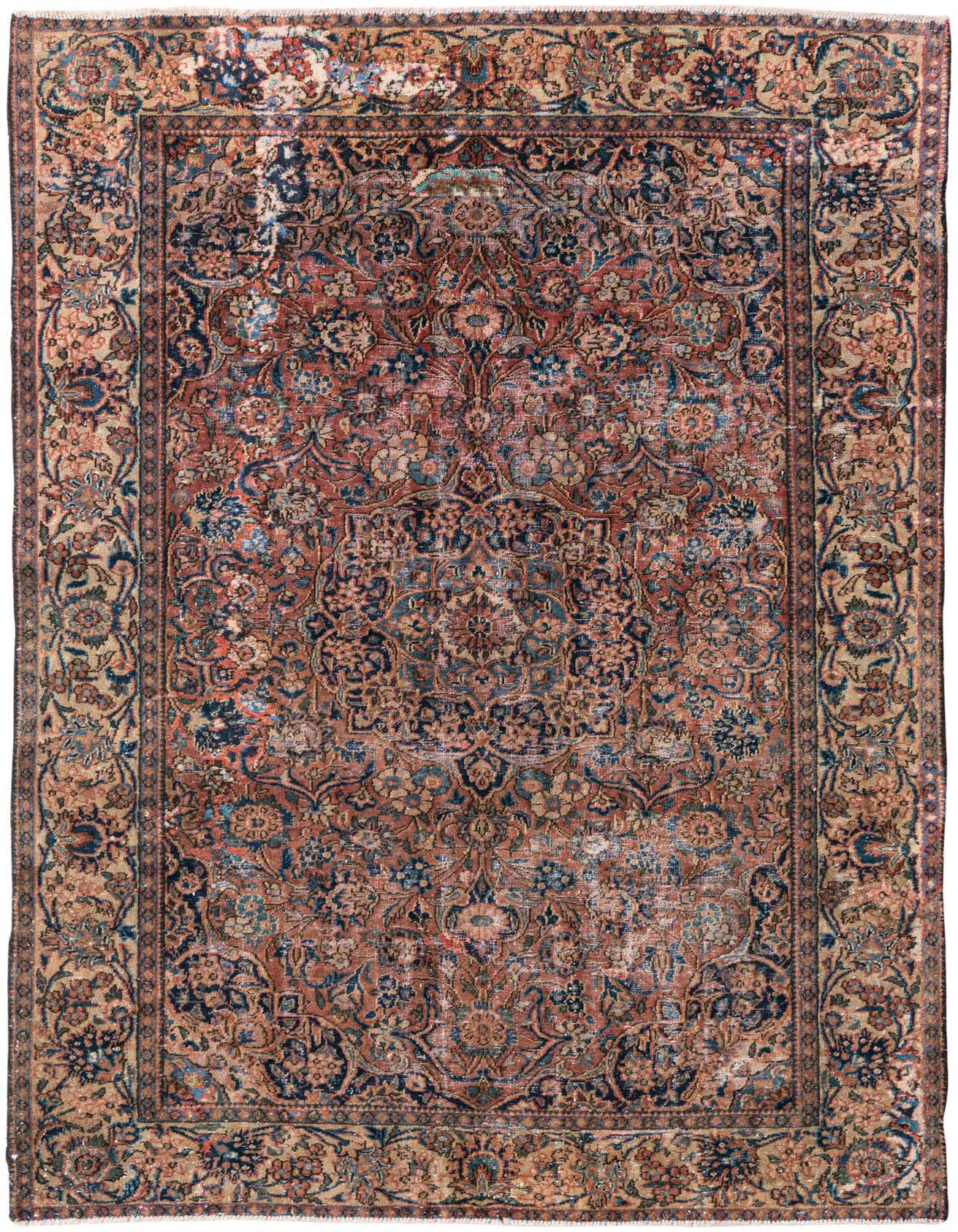 A 4x6 rectangular Ultra Vintage Persian rug in shades of red, blue, and beige, featuring an intricate floral and medallion pattern with a distressed finish.