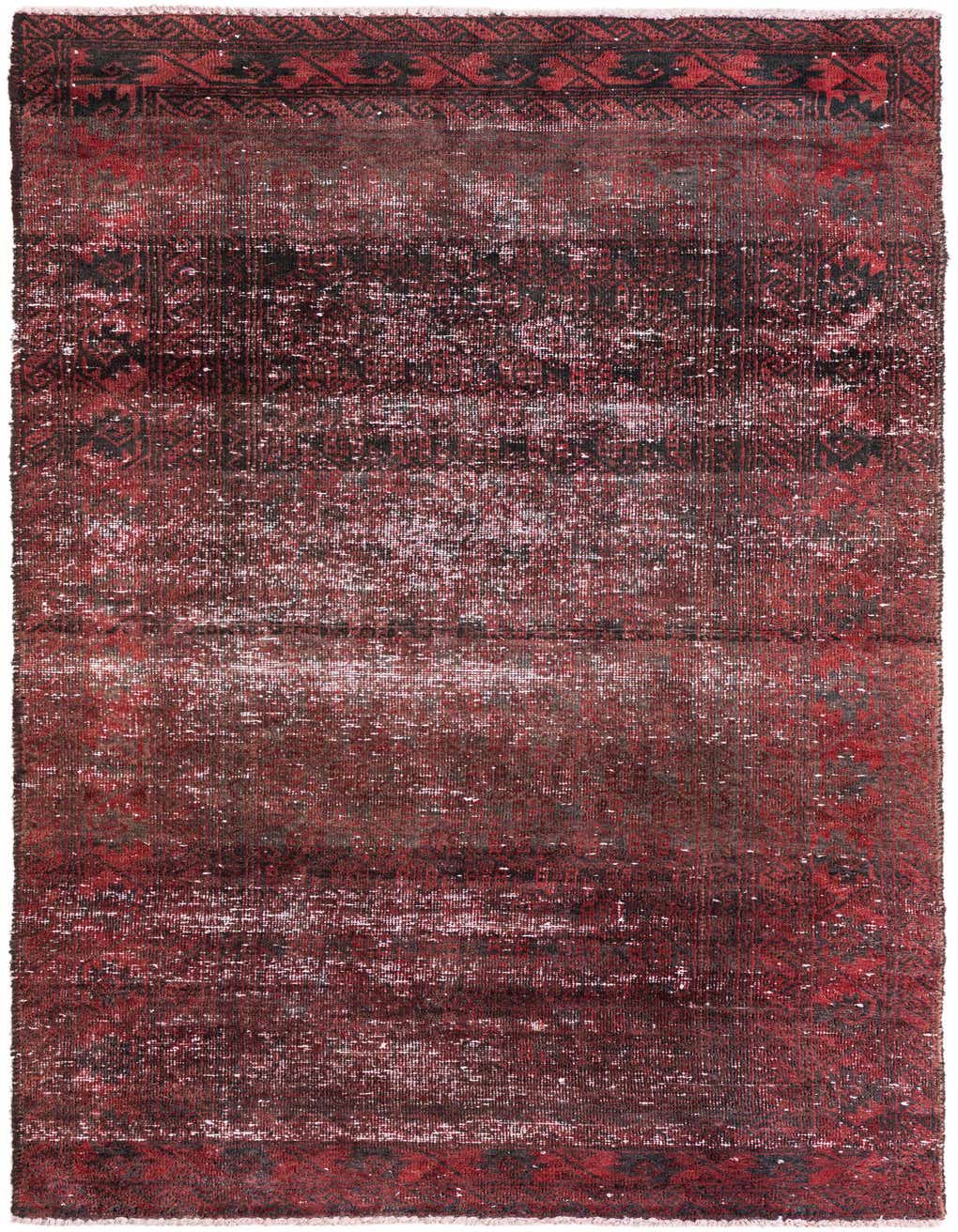 A 3x5 rectangular red Persian-style rug with a distressed vintage look and subtle black patterns.