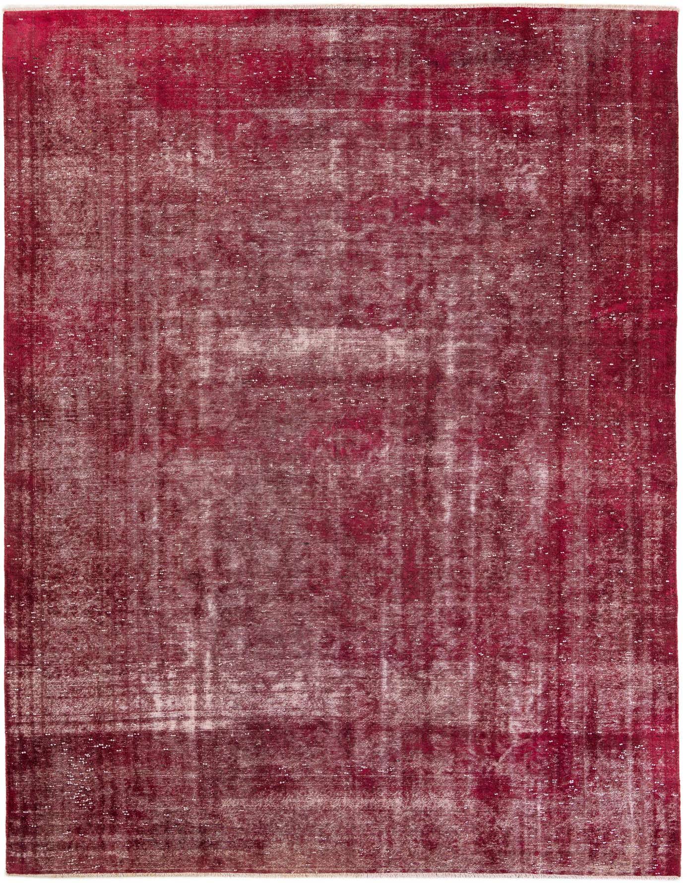 A rectangular 8x11 red Persian rug with a faded vintage medallion pattern, handmade from wool.