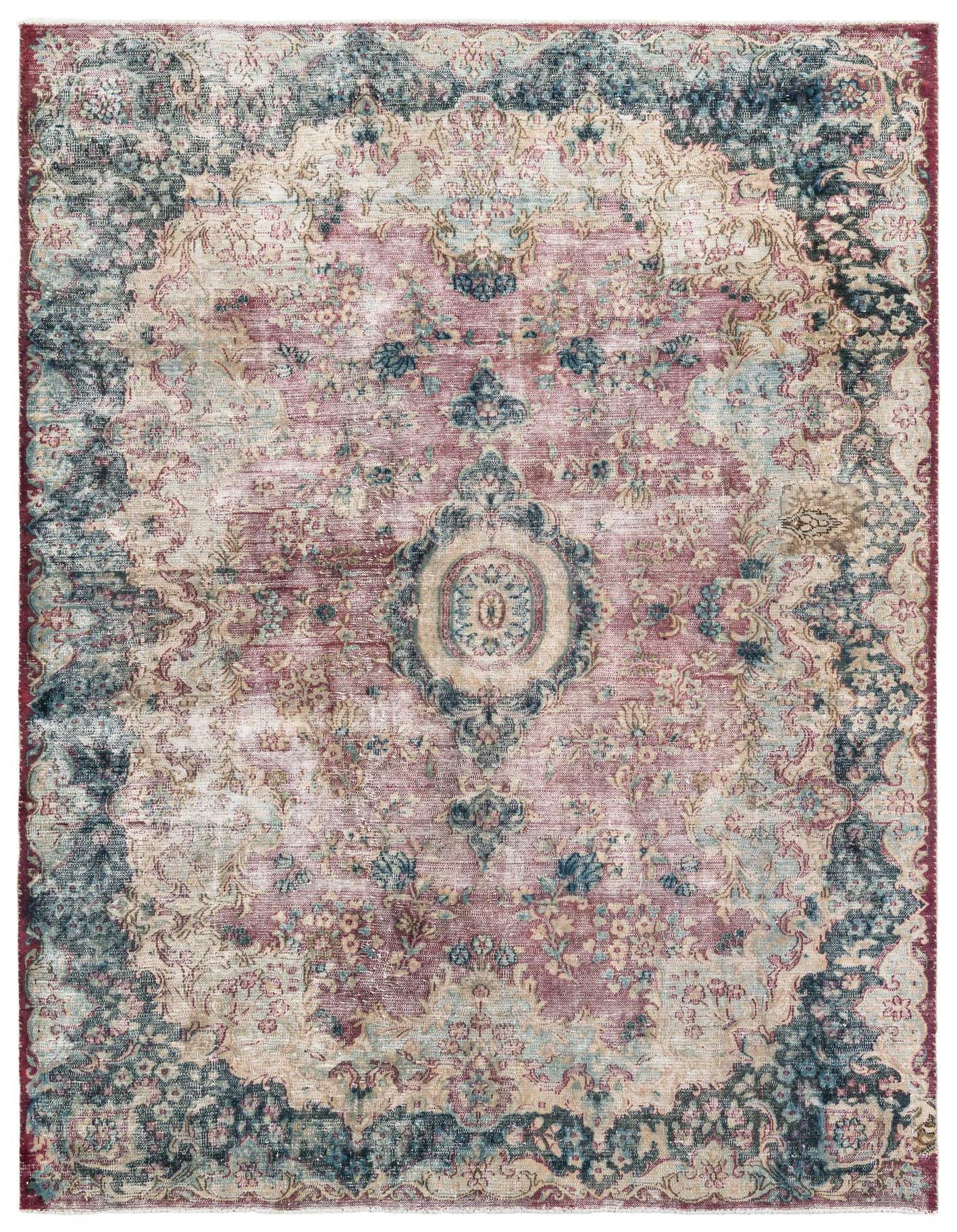 A 6x9 rectangular Ultra Vintage Persian rug with a faded medallion pattern in reds and blues, suitable for a living room.