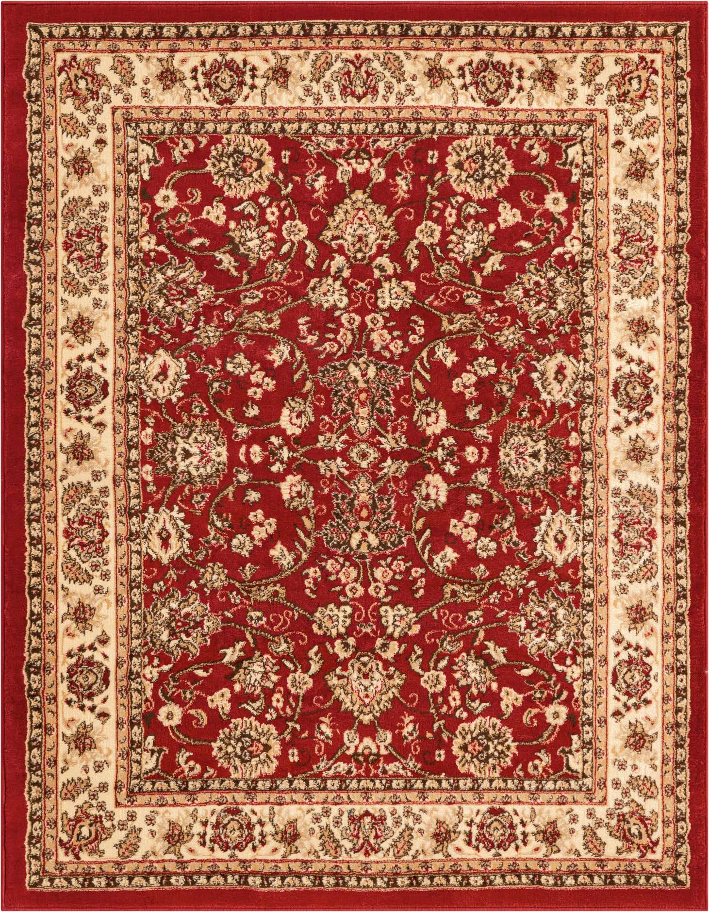A 5x7 rectangular red rug with a detailed traditional floral pattern and a cream border, suitable for indoor use.