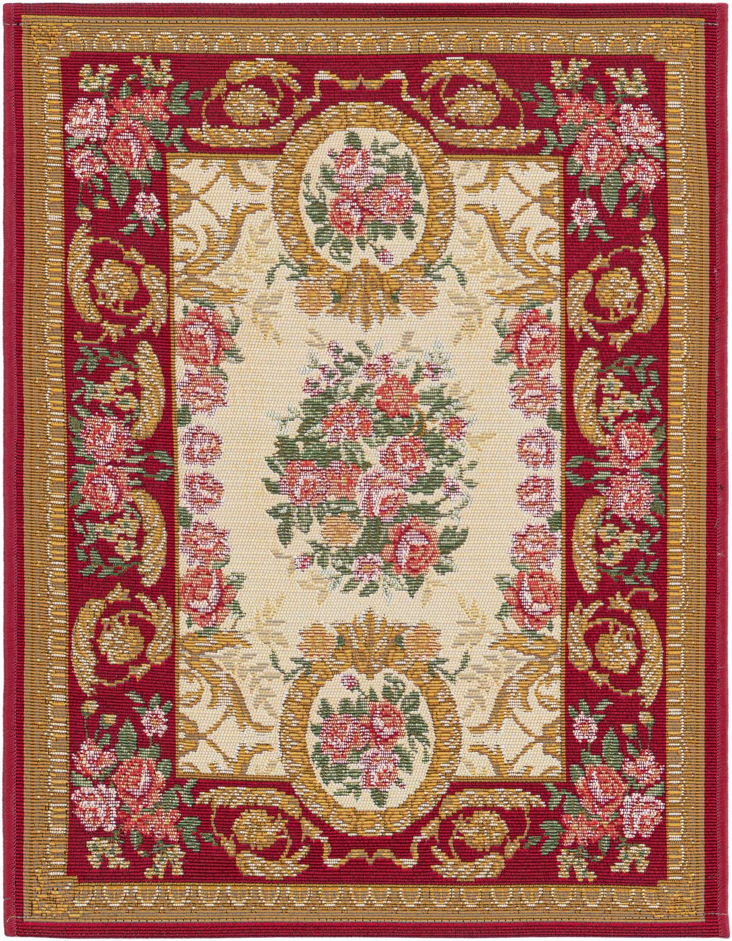 A 2x3 rectangular ivory and red traditional rug with a central floral medallion and a wide red border with floral accents.