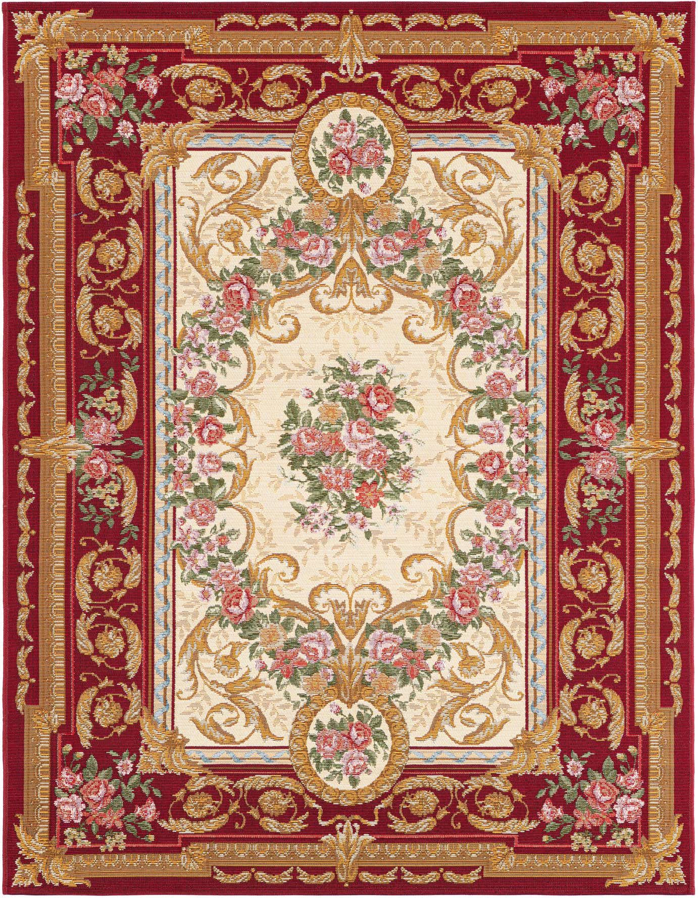A rectangular 4x6 traditional Oriental rug featuring a central ivory field with intricate floral and medallion patterns, bordered by a rich red frame with gold scrollwork, ideal for indoor or outdoor use.
