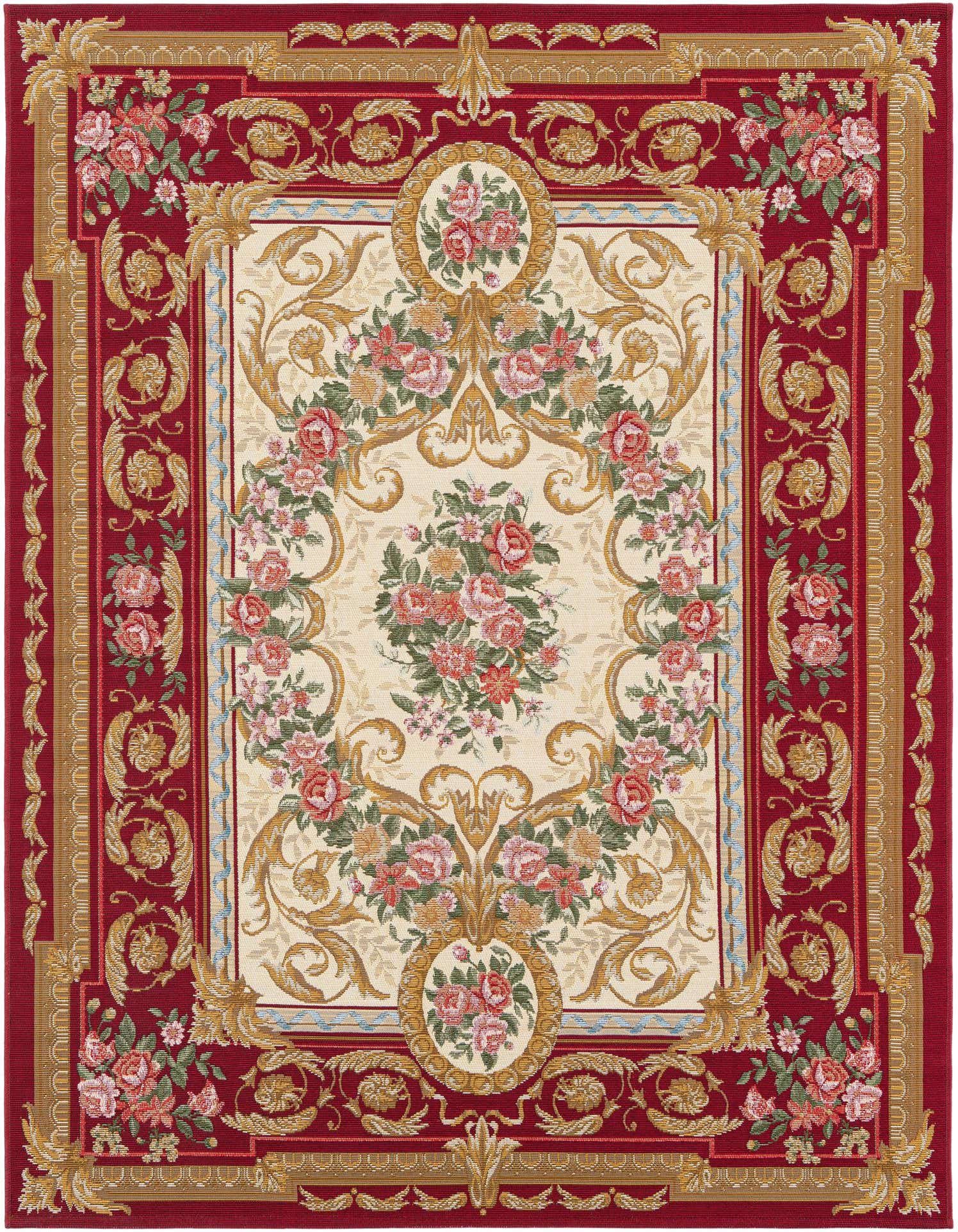 A 5x7 rectangular ivory and red traditional rug with a central floral medallion and ornate border, suitable for indoor or outdoor use.