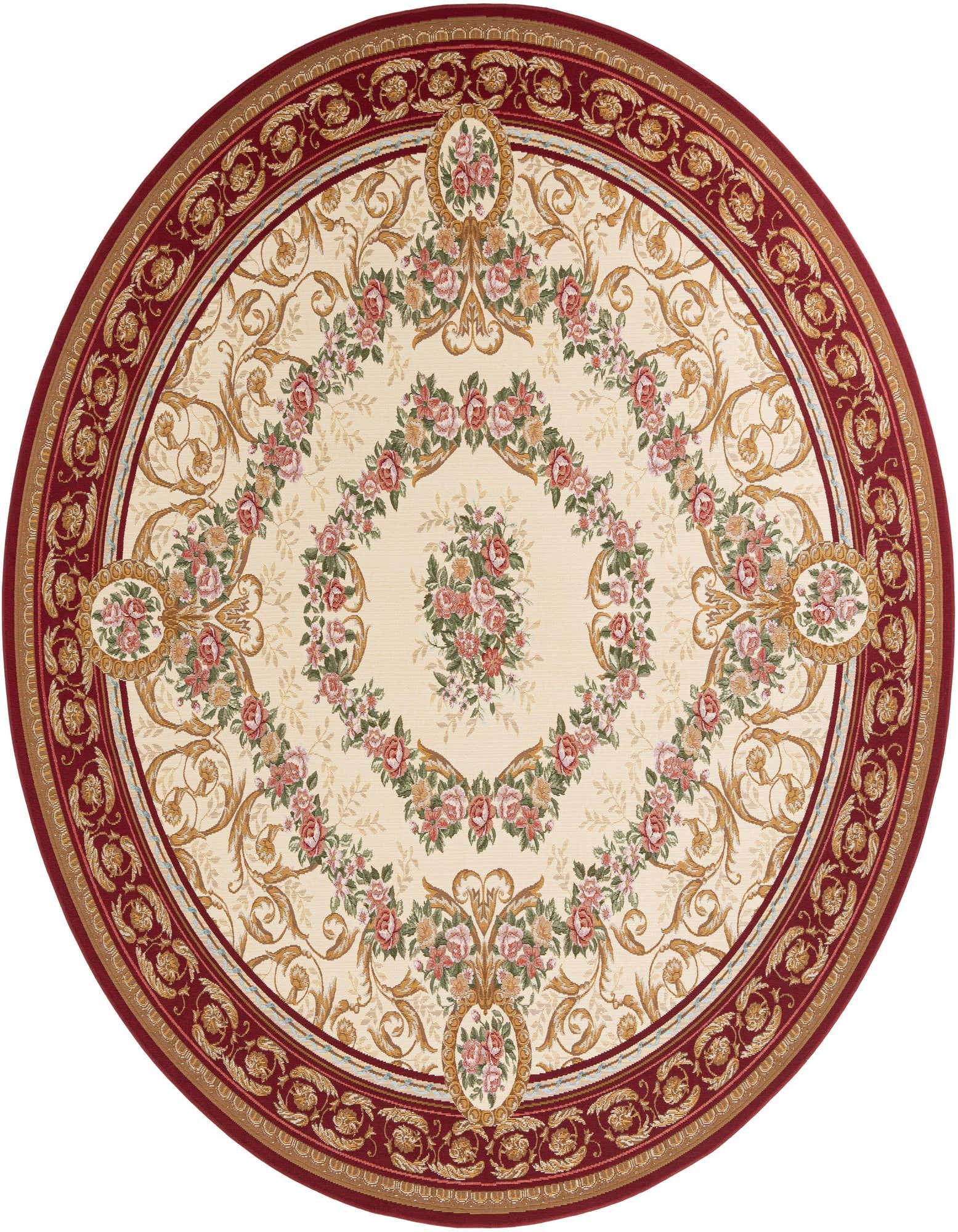 A 10-foot round ivory and red traditional rug with a central floral medallion and ornate border, suitable for indoor or outdoor use.