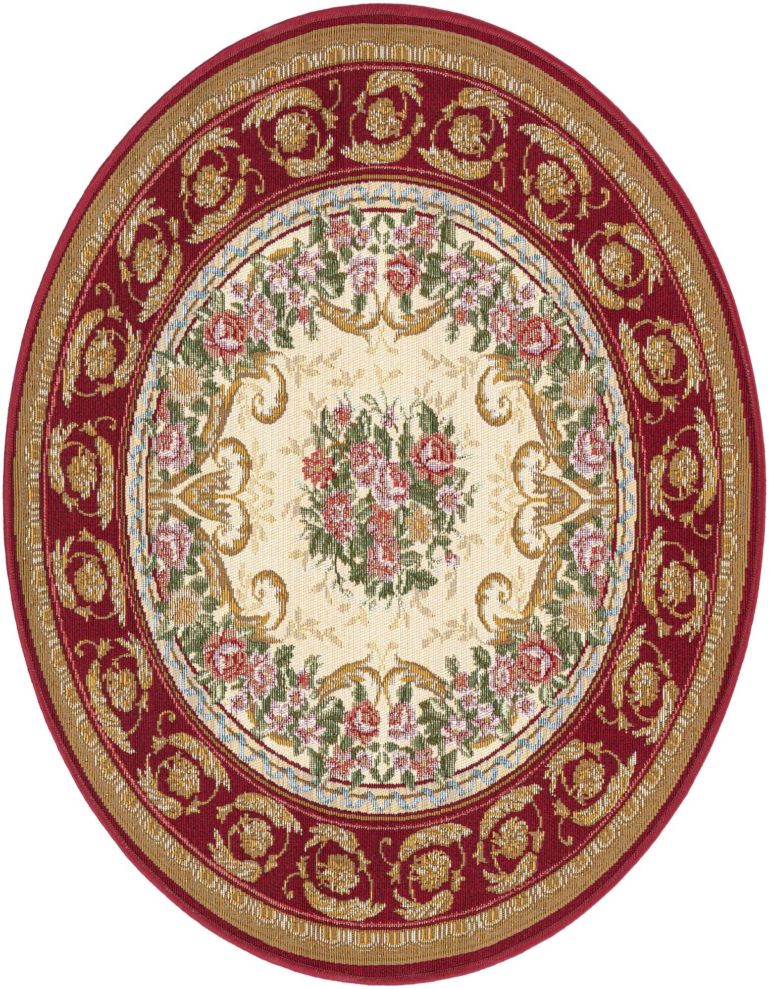 A 3' round ivory and red Oriental rug with a central floral medallion and a decorative border, suitable for indoor or outdoor use.