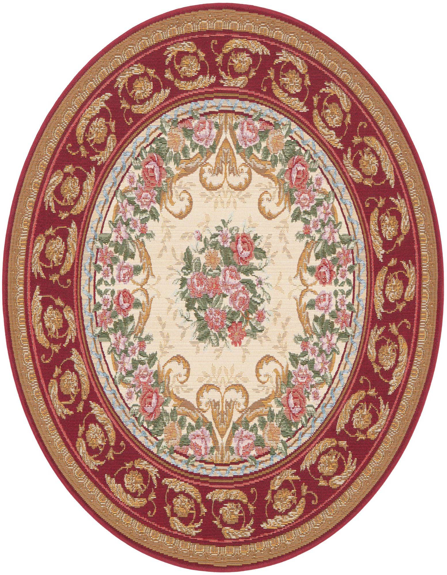 A round 4' 0 x 4' 0 Rugs.com Outdoor Traditional rug featuring a cream center with a bouquet of pink and red roses, surrounded by a red border with gold floral motifs.