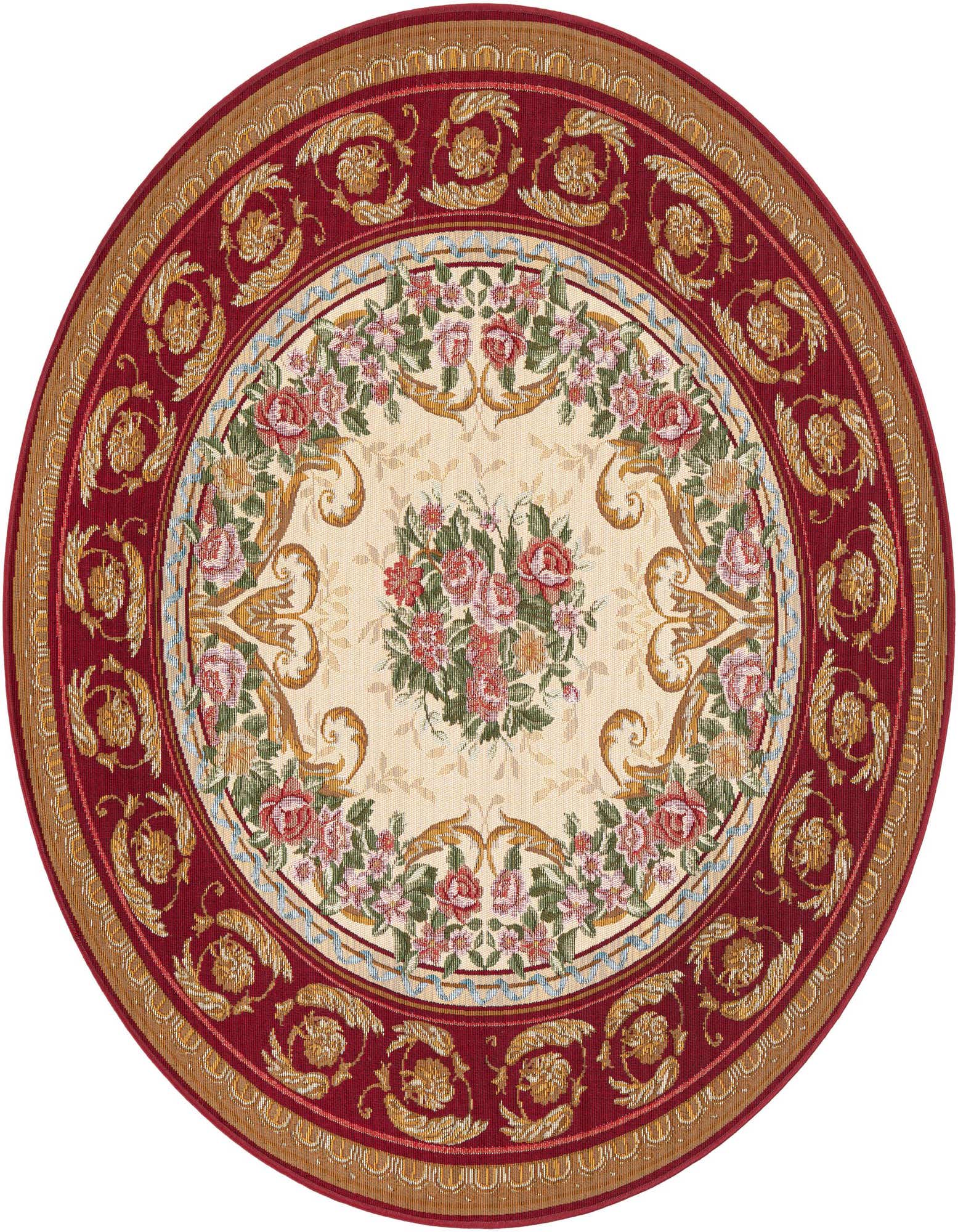 A 5' round ivory and red Oriental rug with a central floral medallion and intricate traditional borders.